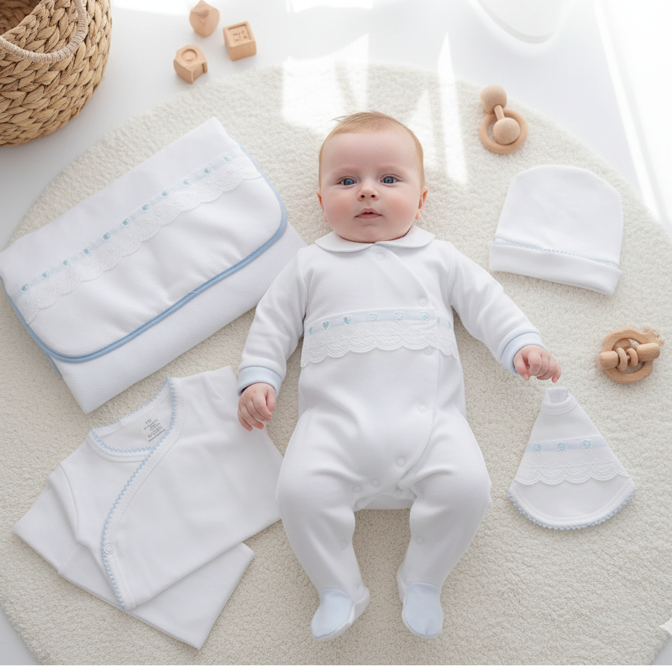 Conjunto de Primeira Roupinha Veludo Bordado Inglês Azul