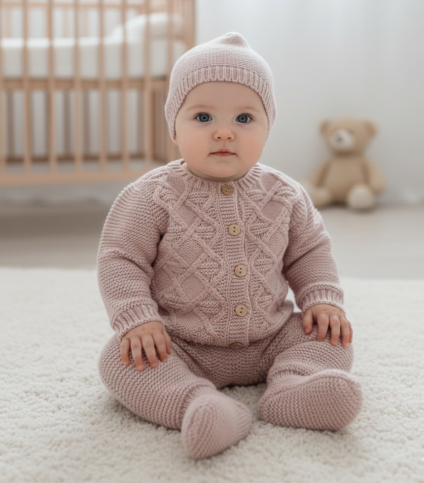 Conjunto de Malha Casaco Losangos com Gorro Rosa Velho