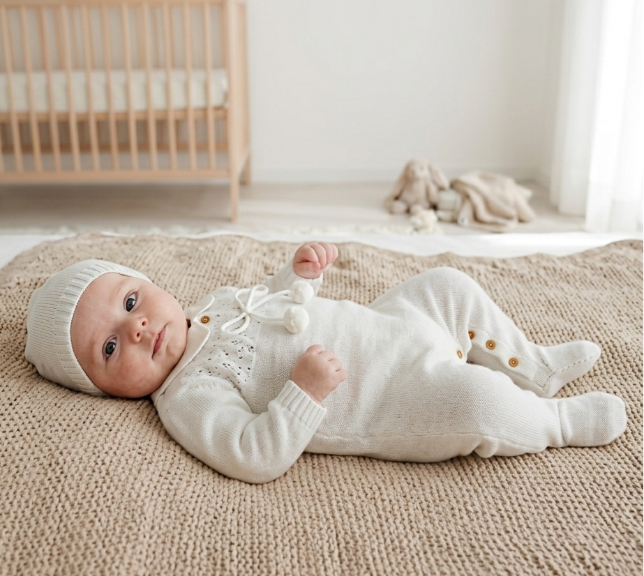 Babygrow de Malha Pompons com Gorro Pérola