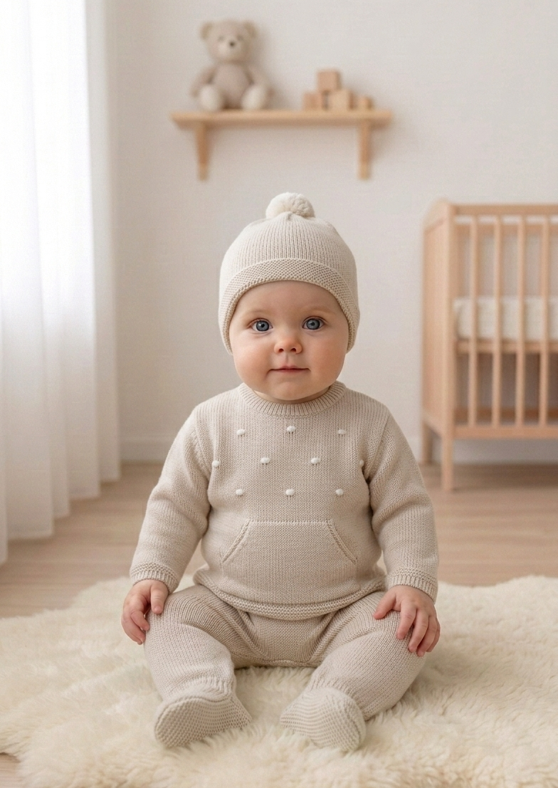 Conjunto de Malha Pintas Calças, Camisola com Bolsos e Gorro Areia