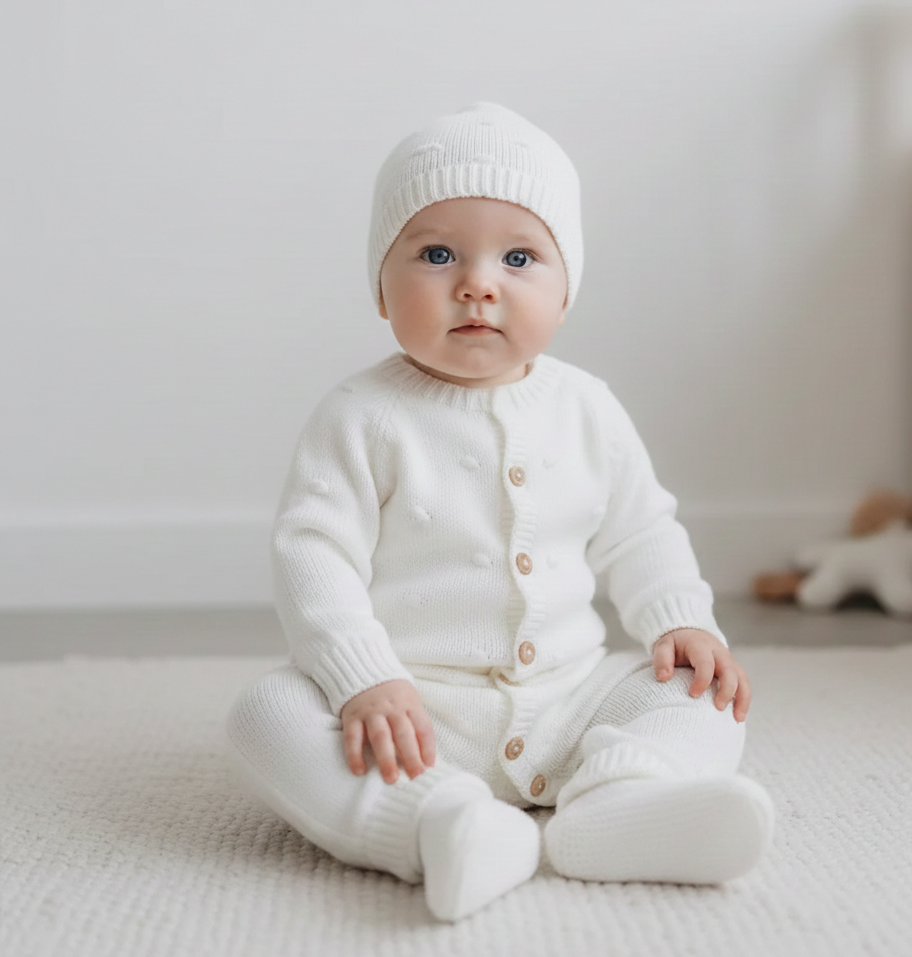 Babygrow de malha pompons com gorro e carapins Pérola