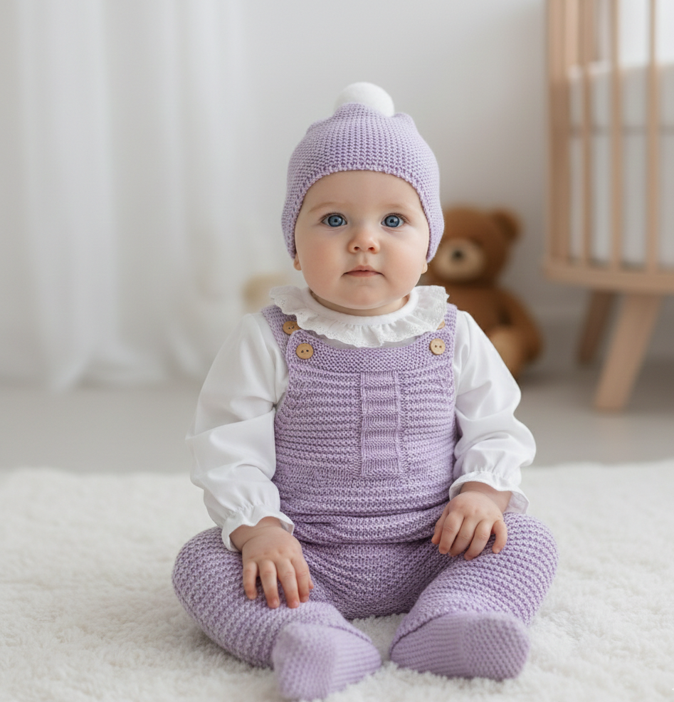 Jardineiras de Malha Trabalhada c/ blusa gola folho e gorro algodão Lilás