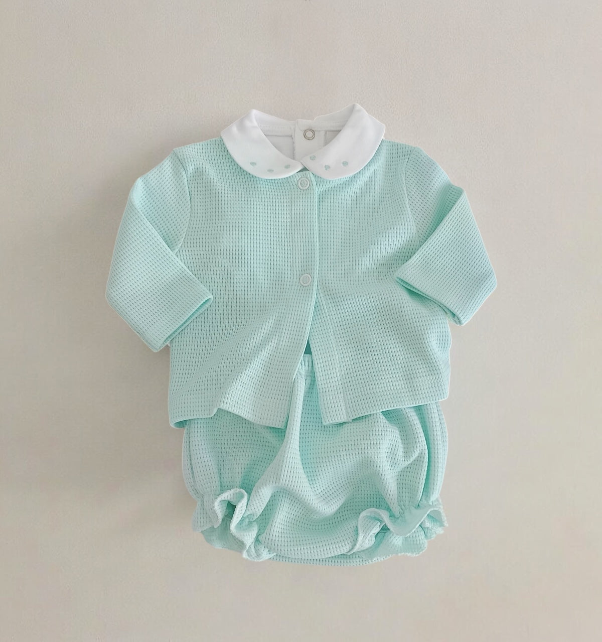 Conjunto Calções Casaco e Body de Gola Verde Água