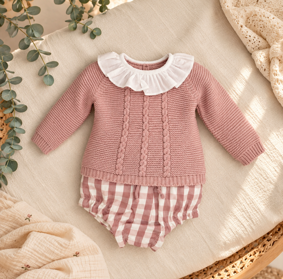 Tapa-fraldas Vichy rosa velho camisola de malha de gola com folho para bebé