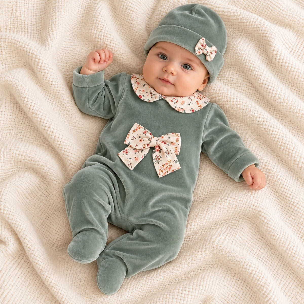 Babygrow Veludo Laço com Gorro Verde