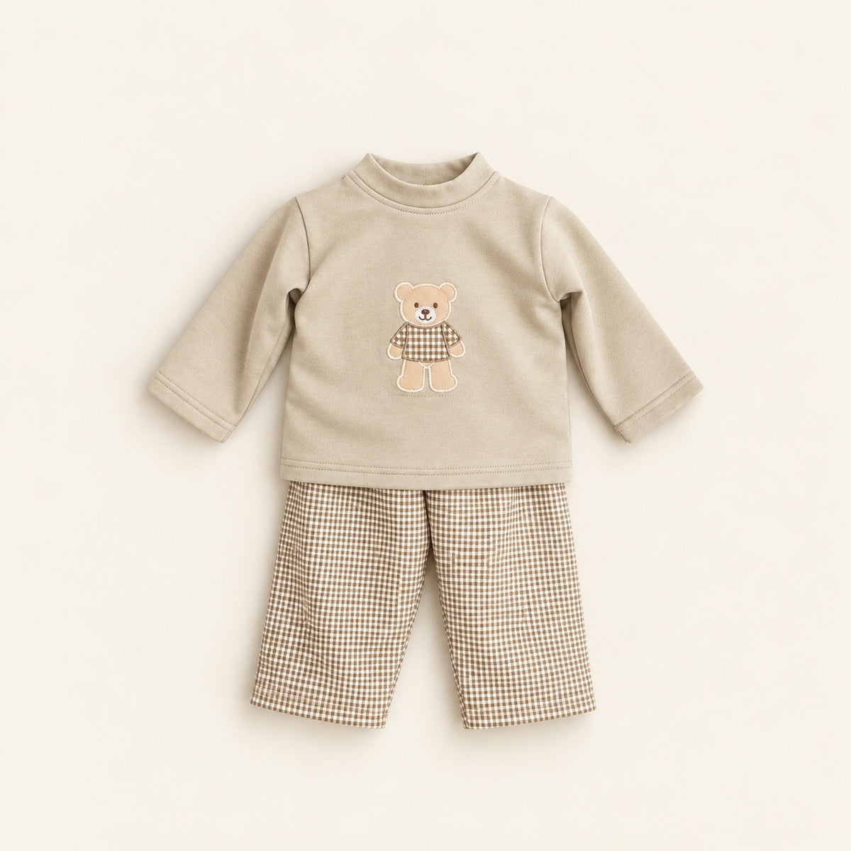 Conjunto de Calças e Camisola Urso Vichy Areia