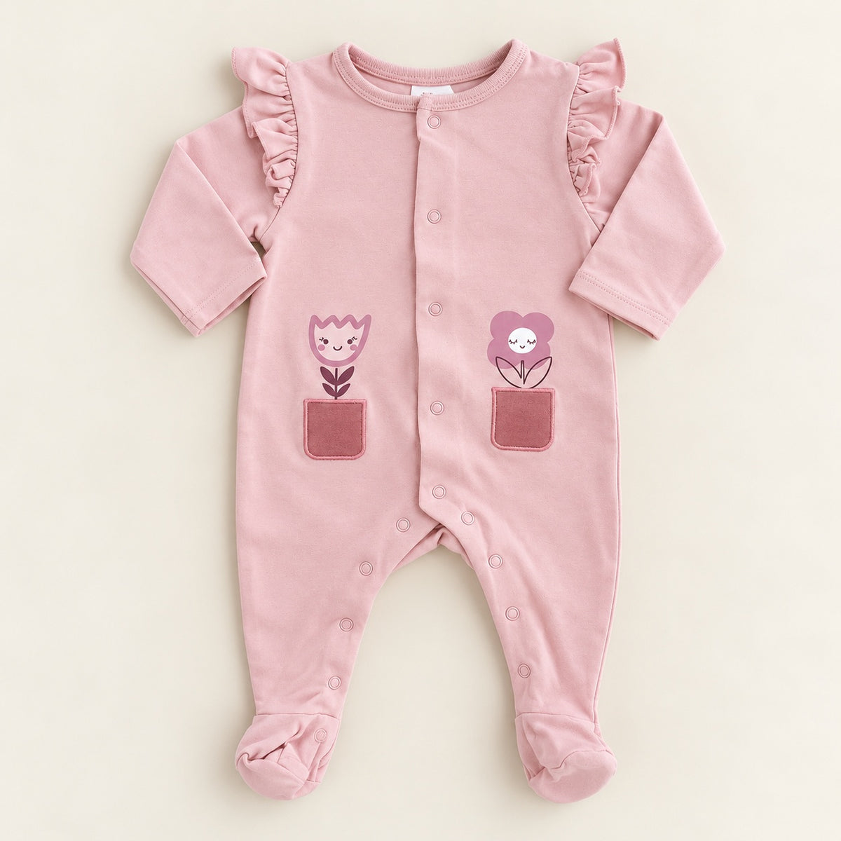 Babygrow de Algodão Pérola com Estampado Flores Rosa Velho