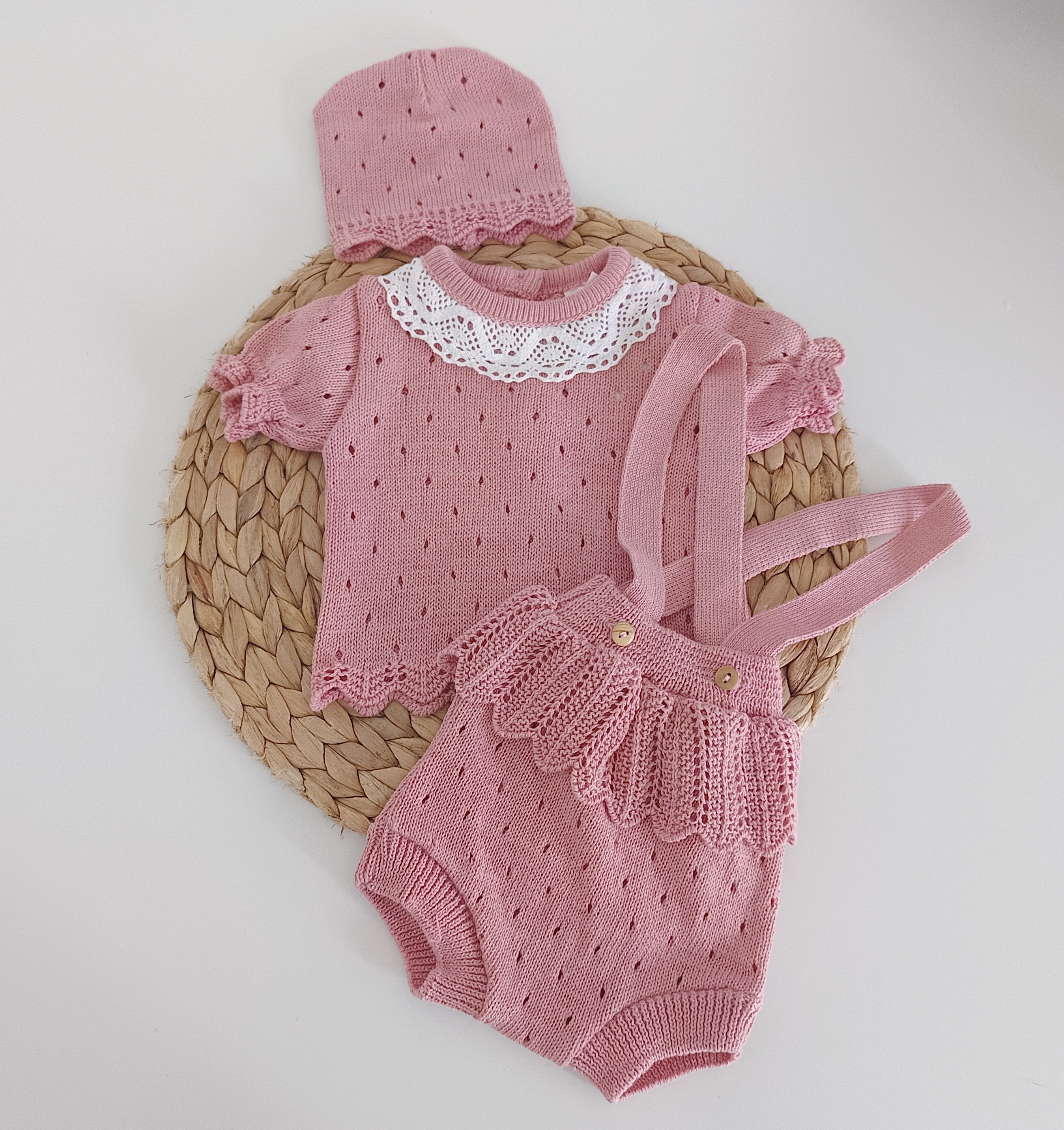 Fofo de Malha Botões com Camisola e Gorro Rosa Velho