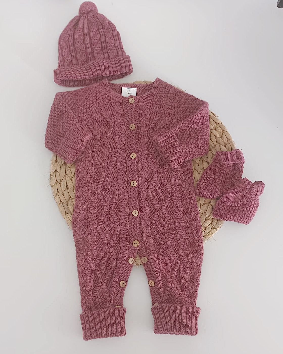 Babygrow de malha com gorro e carapins Beringela