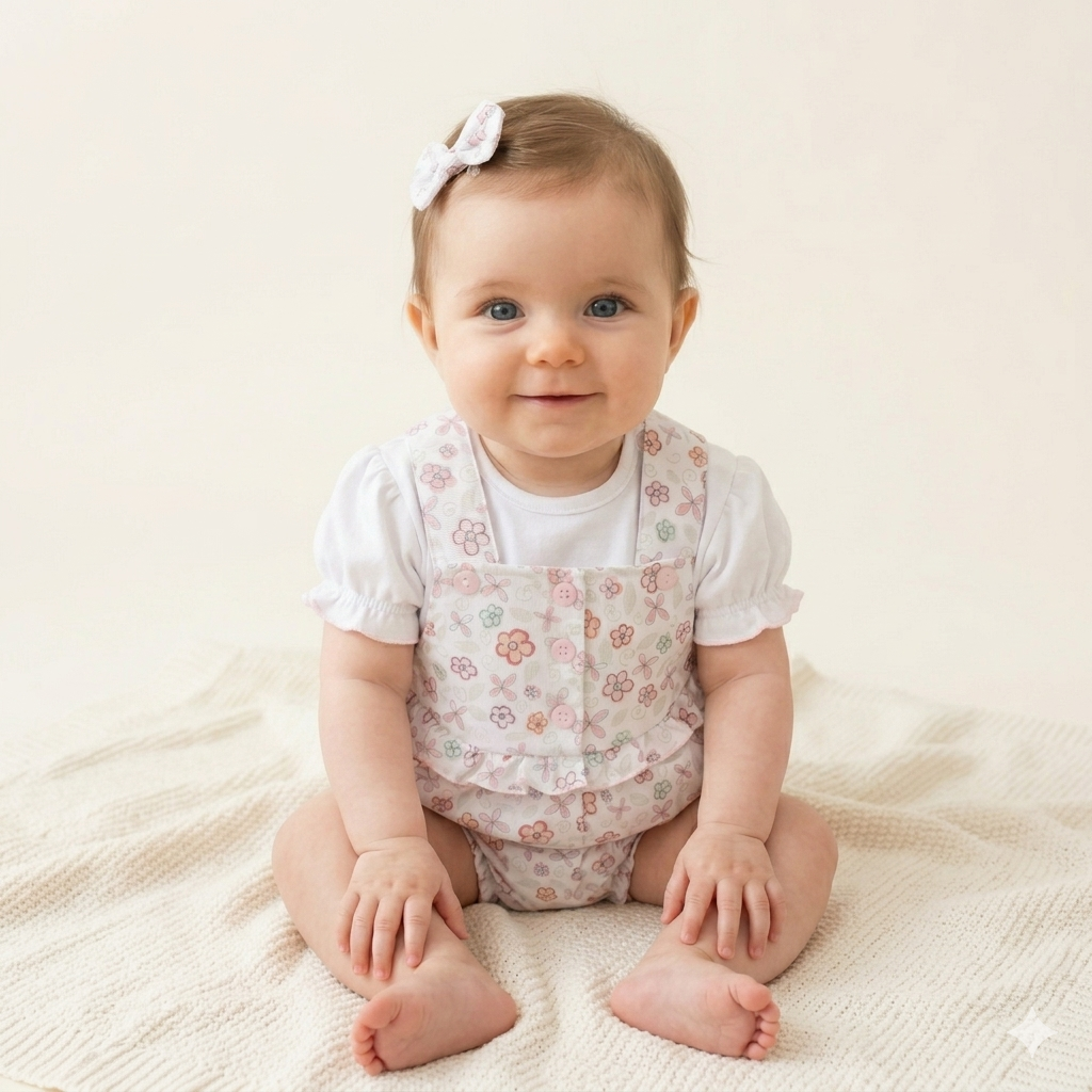 Jardineira Curta Flores com Blusa e Laço Rosa