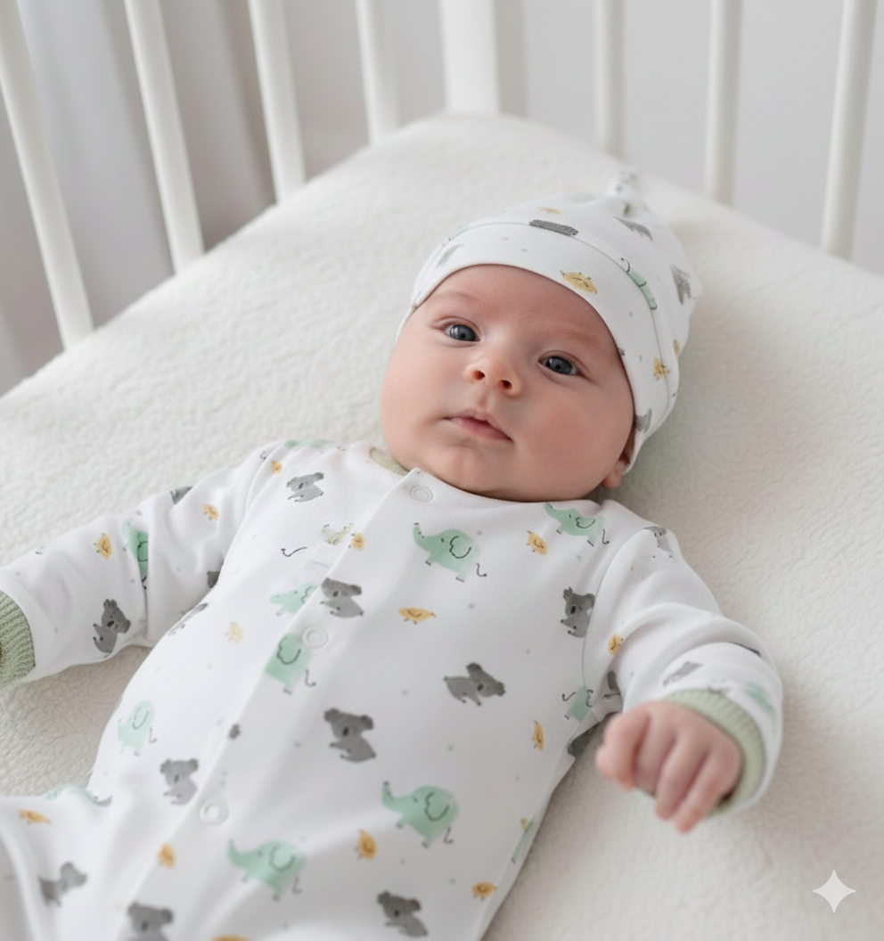 FitFiu Babies® | Babygrow com Gorro de Algodão com Elefante e Koala