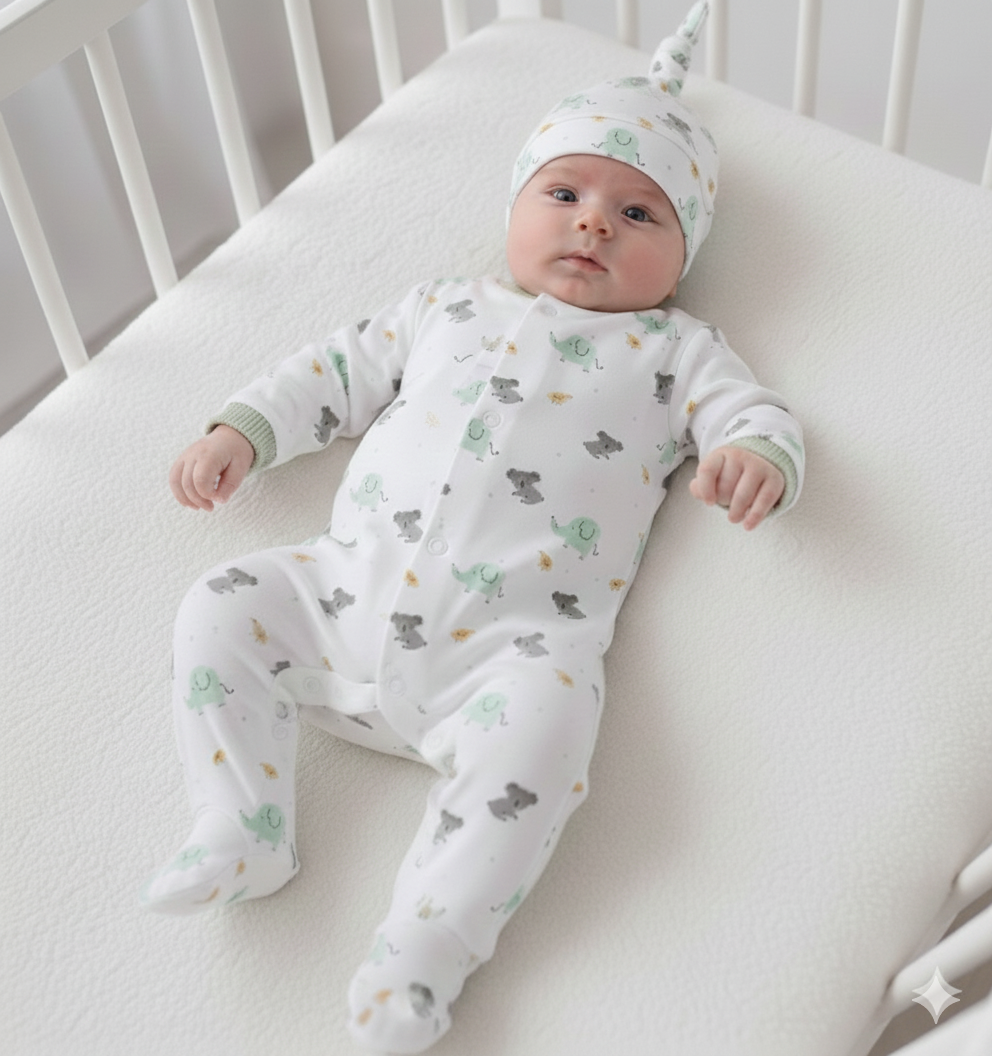 FitFiu Babies® | Babygrow com Gorro de Algodão com Elefante e Koala