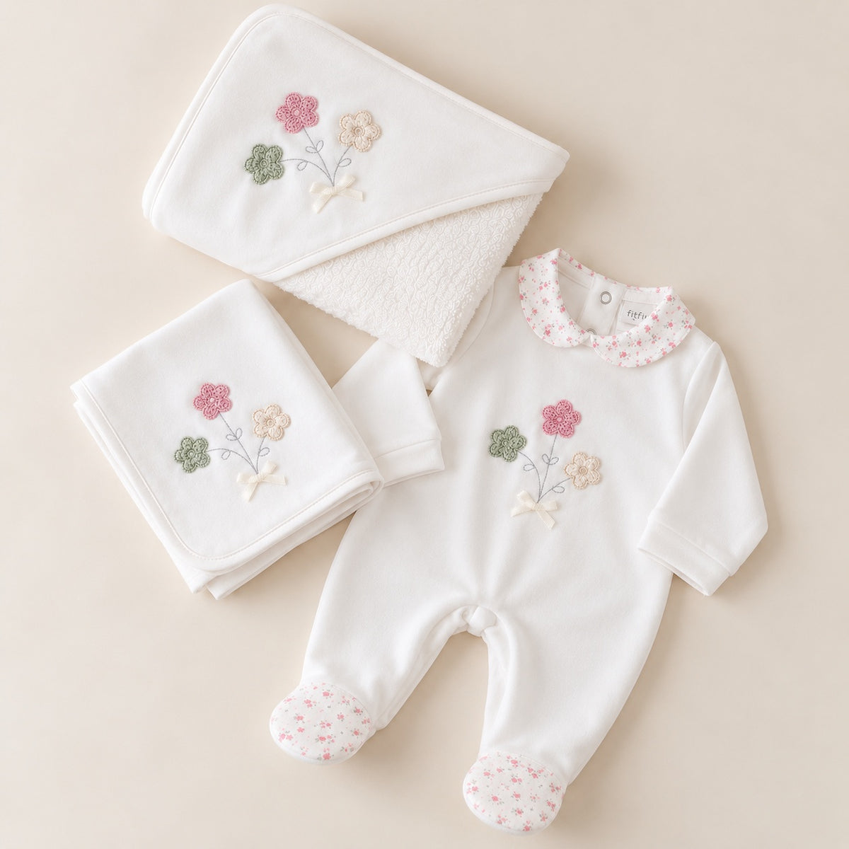 Fit Fiu Babies® | Conjunto Babygrow Toalha de banho e Fralda Flores