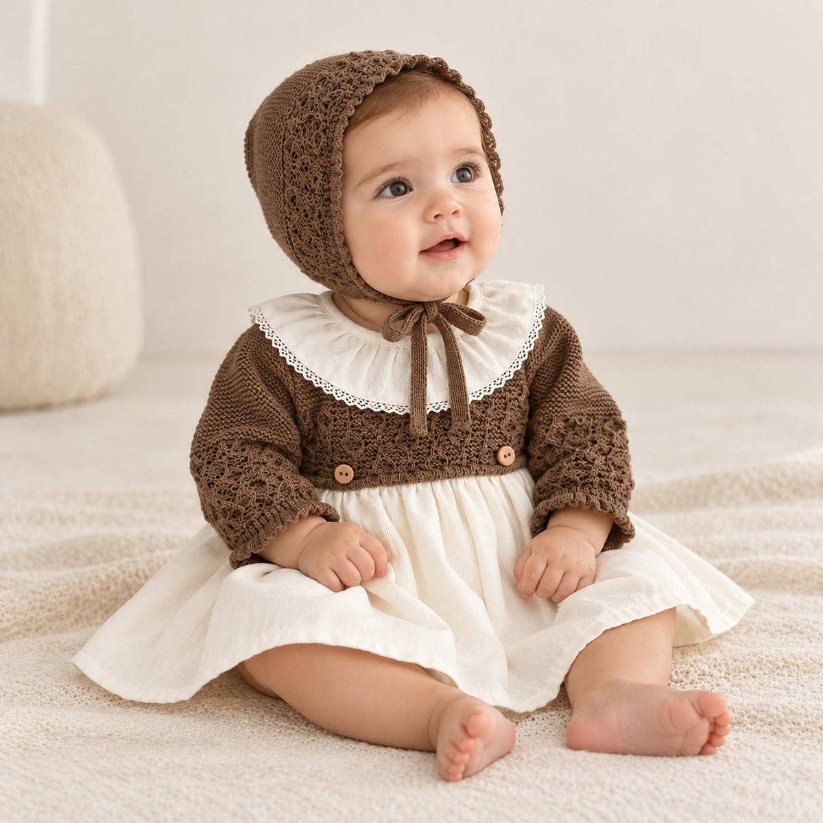 Vestido de Tecido e Malha Castanho