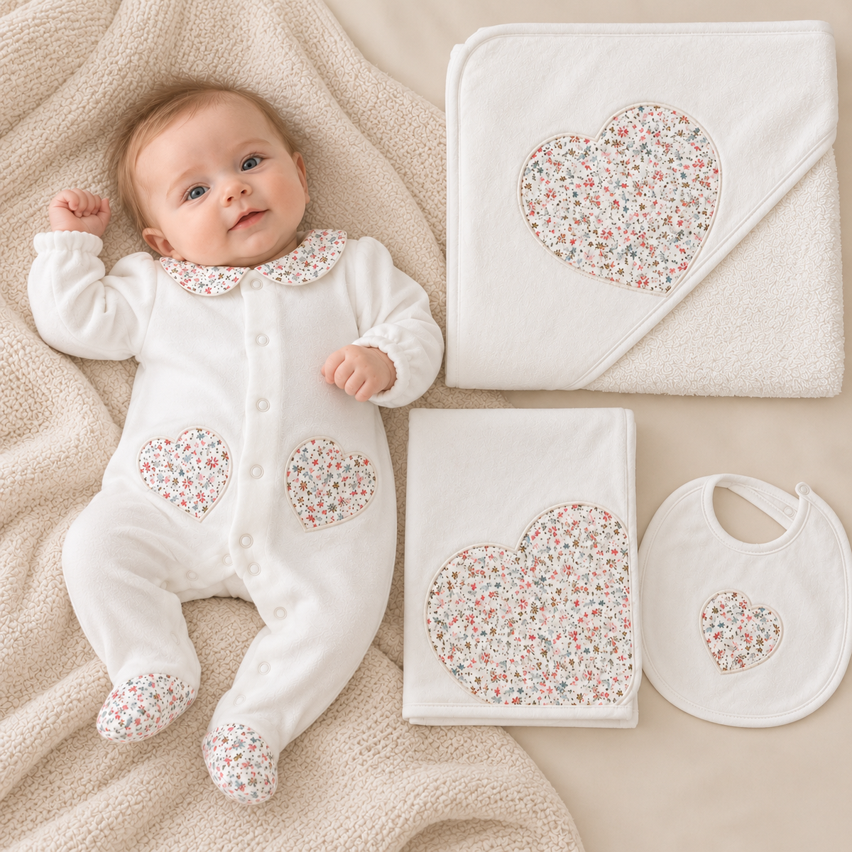 Pack de nascimento para bebé com babygrow de veludo branco com corações florais, toalha de banho com capuz, fralda de pano e babete a condizer.