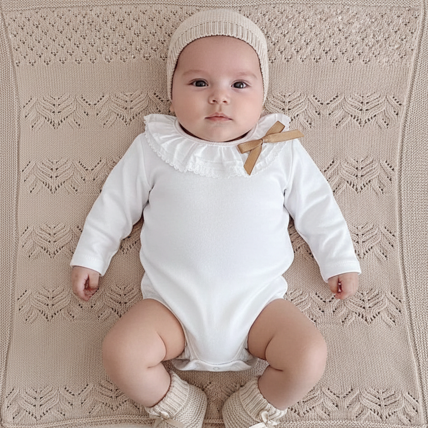Bebé vestido com pack maternidade premium areia: manta, body, gorro com laços artesanais e carapins algodão FitFiu Babies