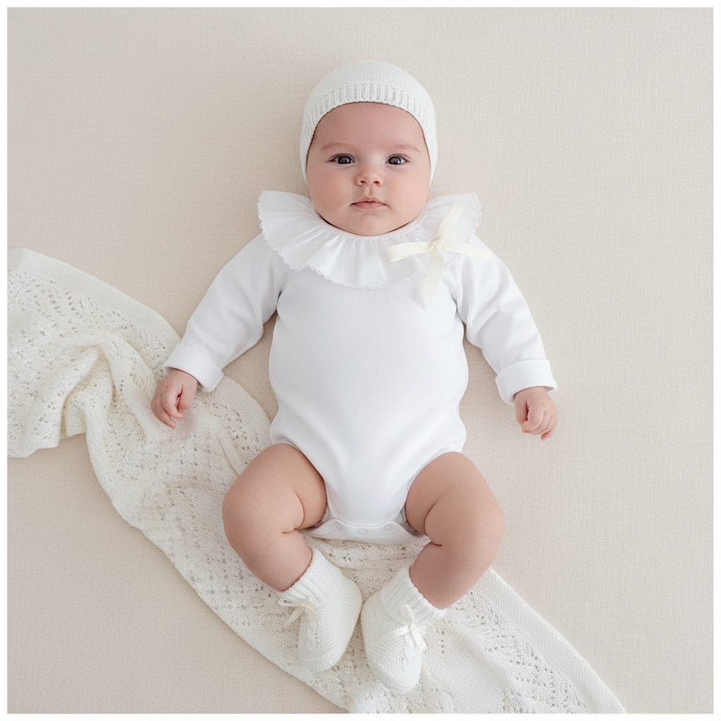 Bebé vestido com pack maternidade premium pérola: manta, body manga comprida, gorro com laços artesanais e carapins algodão FitFiu Babies