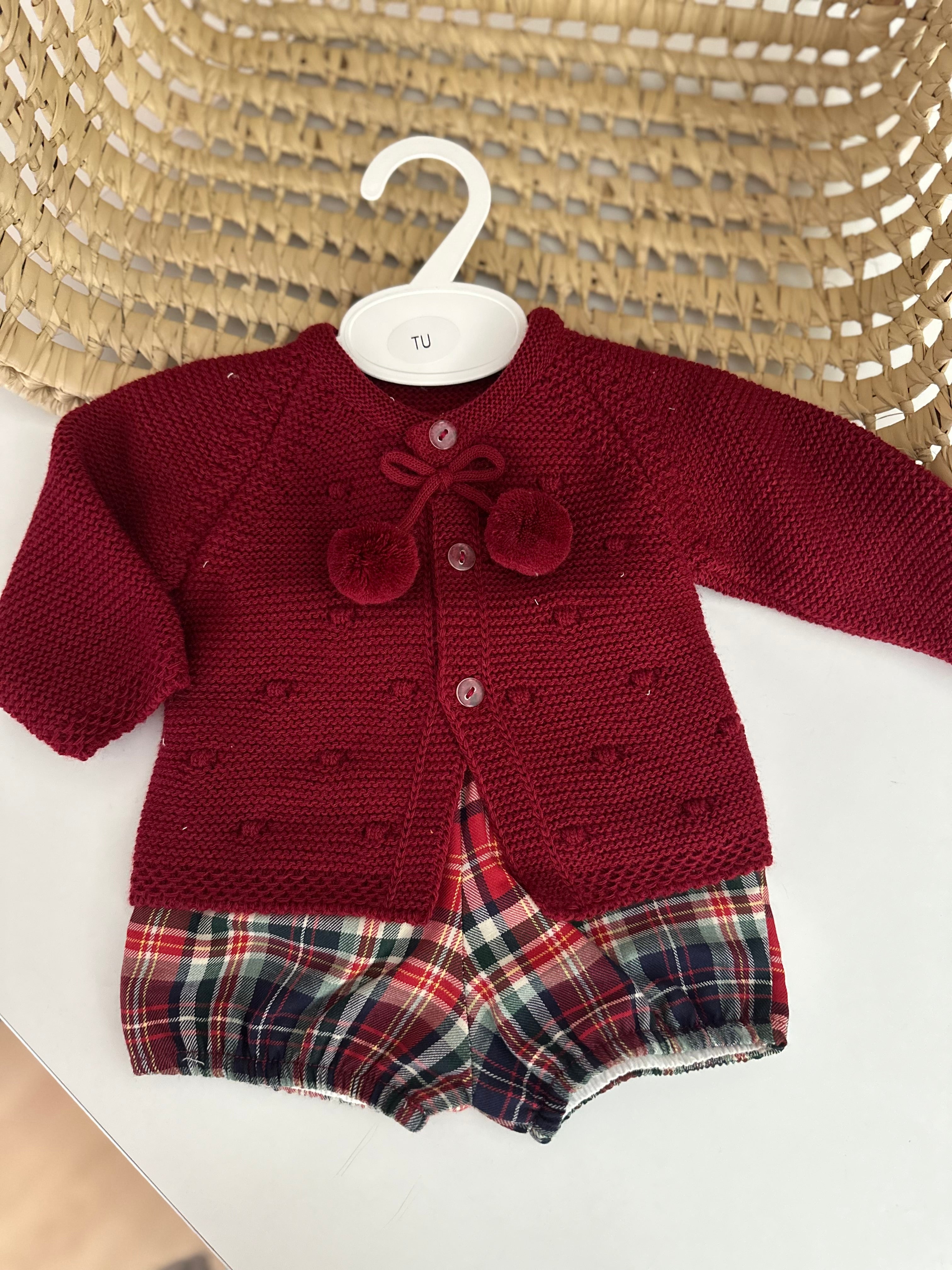 Tapa Fraldas com Casaco de Malha Xadrez Bordeaux