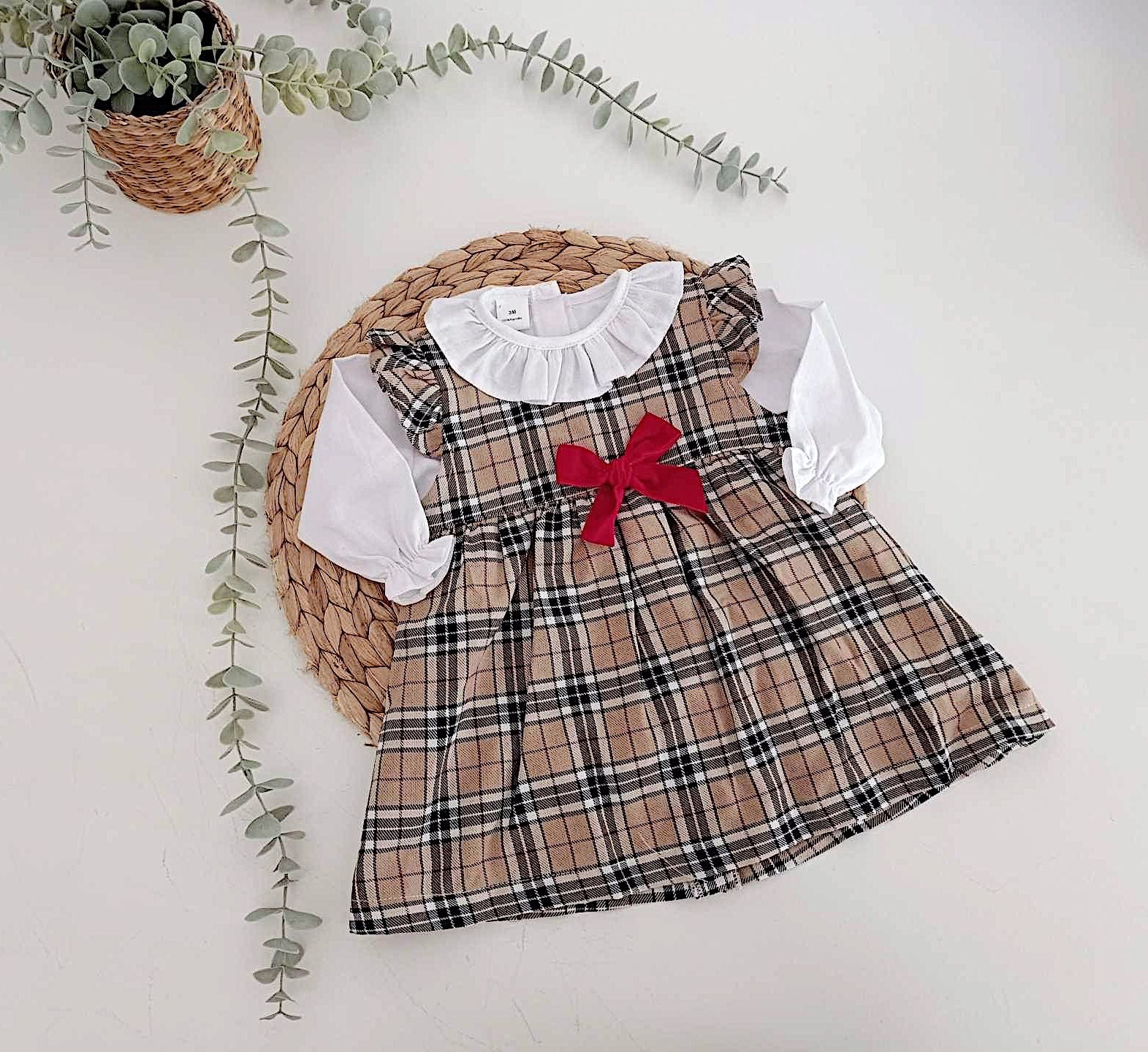 Vestido Xadrez Areia com Laço e Camisola