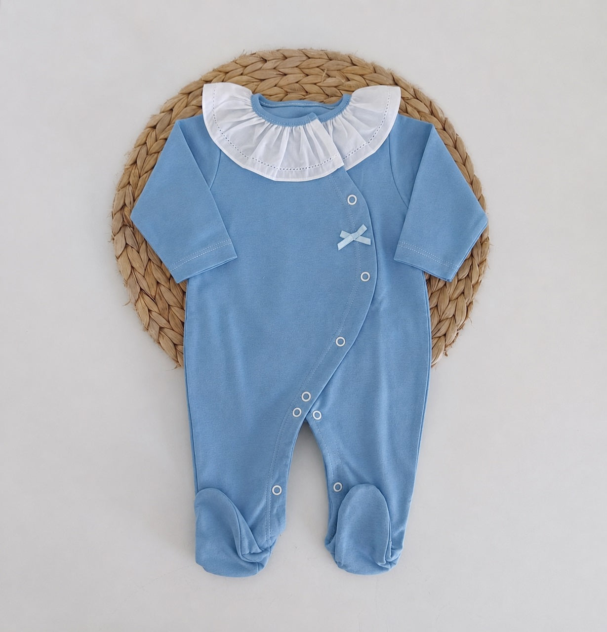 Babygrow Algodão Basic Lacinho Gola de Folho Jeans