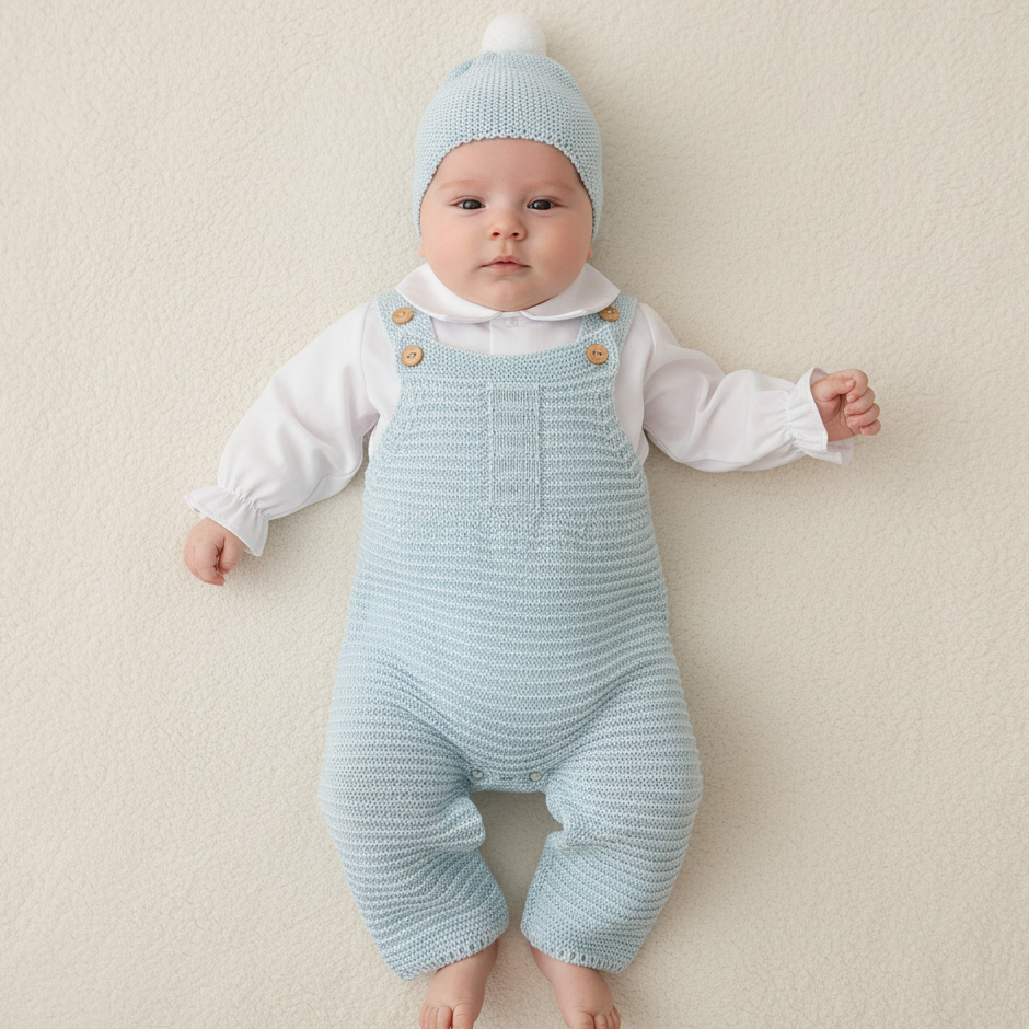 Bebé menino vestido com conjunto jardineiras de malha trabalhada azul, camisa gola bico e gorro algodão, vista de cima, saída maternidade FitFiu Babies