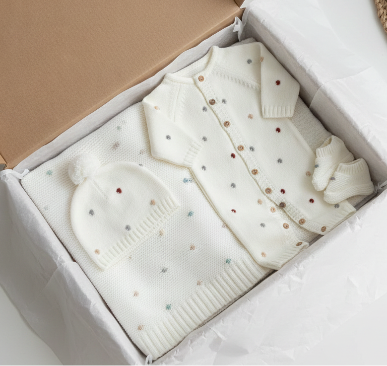 Conjunto exclusivo malha premium 4 peças pompons coloridos manta babygrow gorro carapins pérola FitFiu Babies