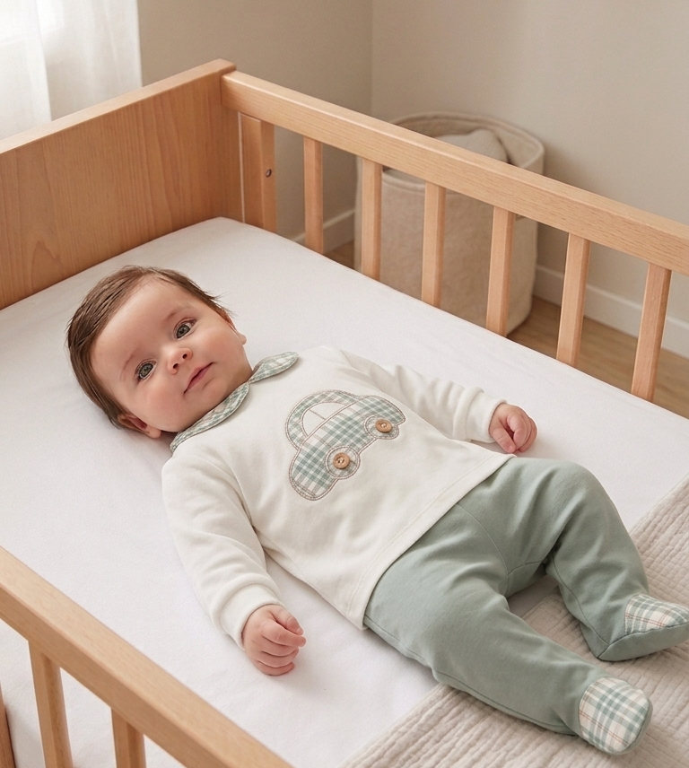 Fato 2 peças bebé menino algodão camisola calças bordado carrinho botões rodas pérola verde seco FitFiu Babies