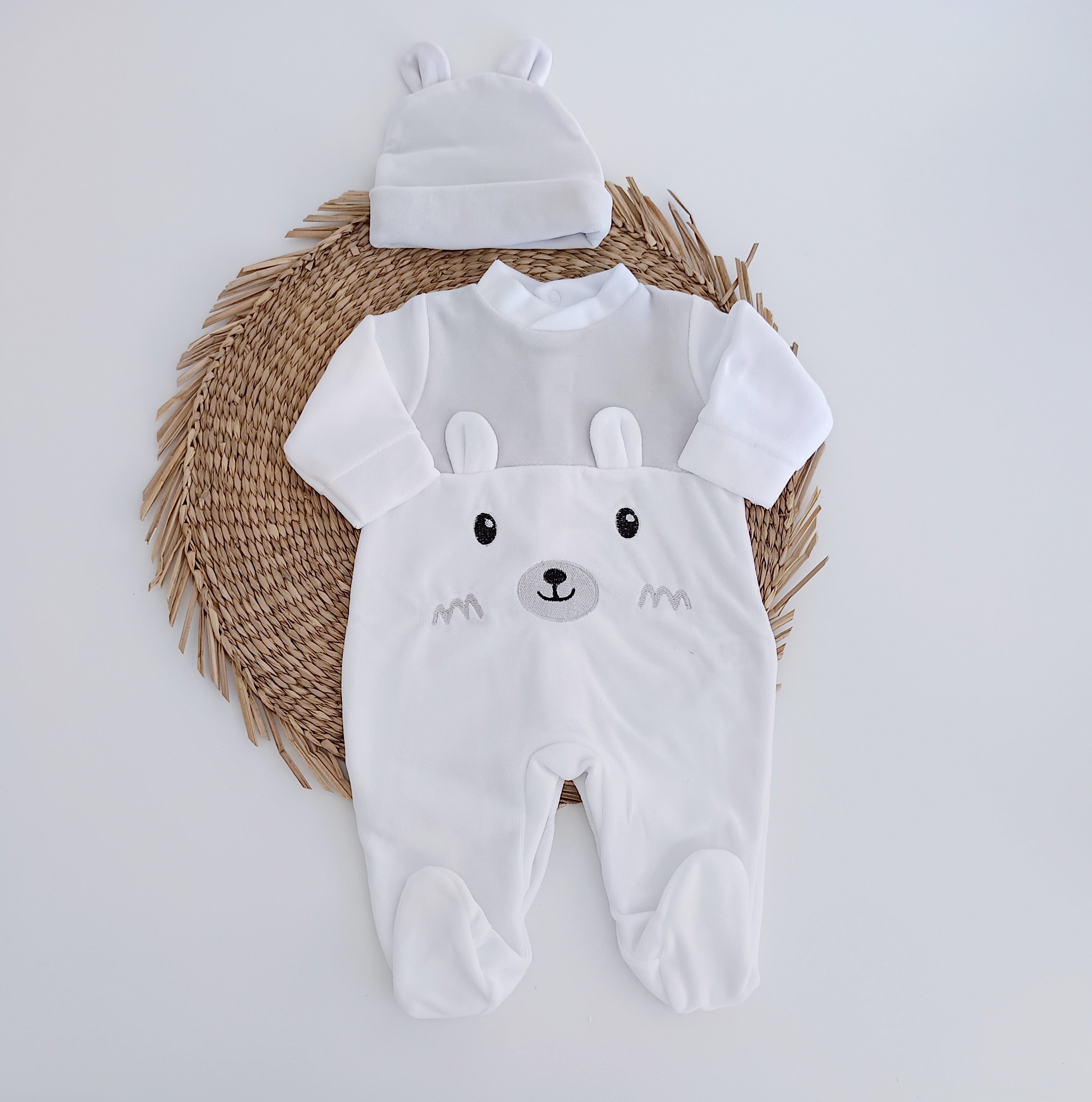 Babygrow Veludo Urso com Gorro Orelhas Cinza
