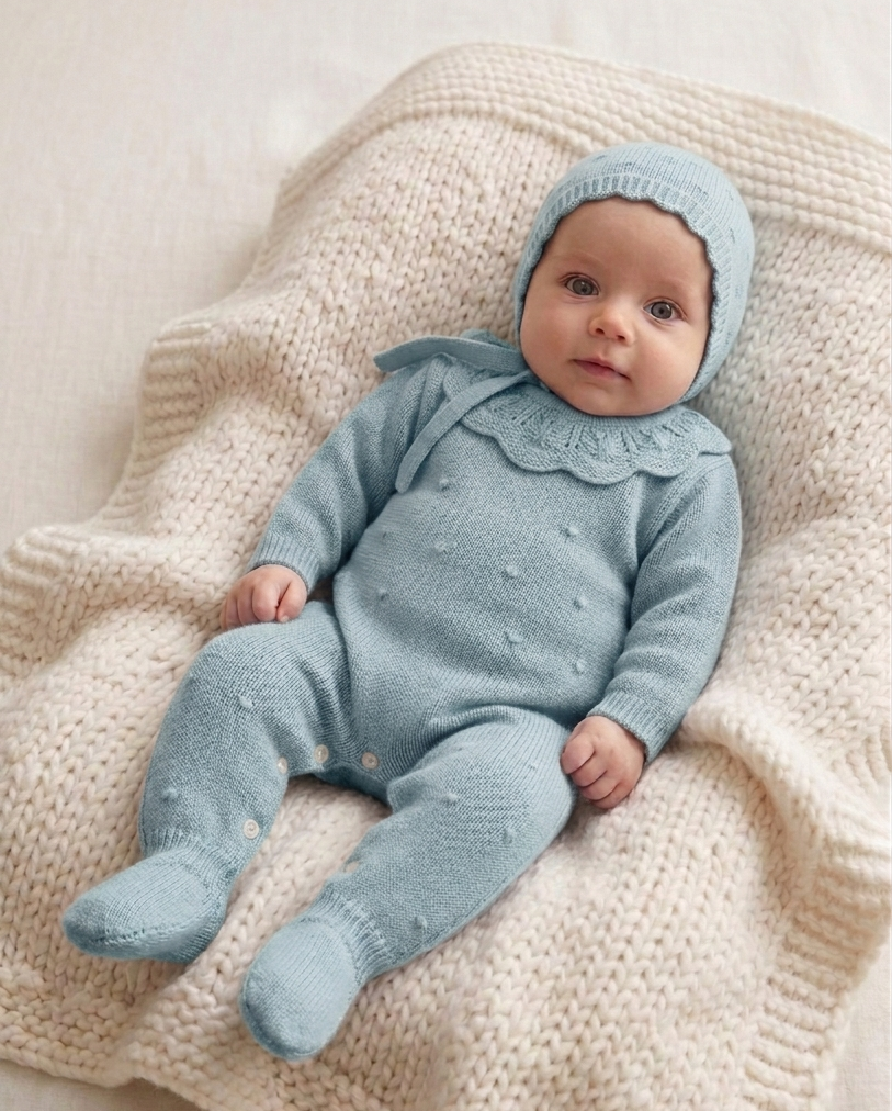 Babygrow de Malha Pompons Gola com touca Verde