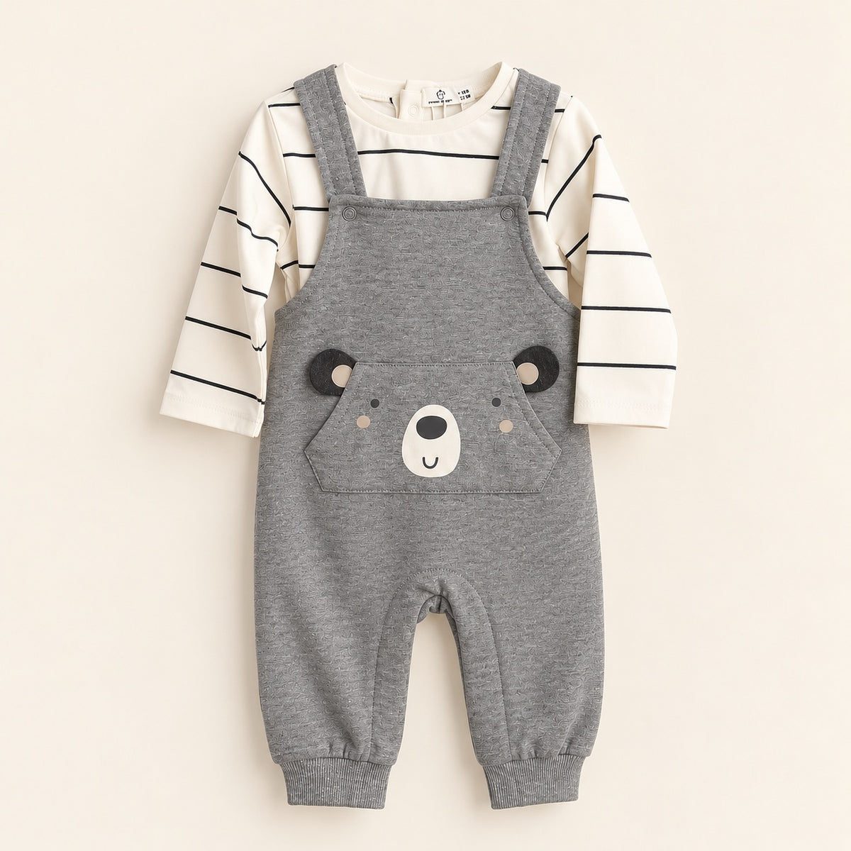 Jardineiras com Camisola de Algodão Urso Cinza