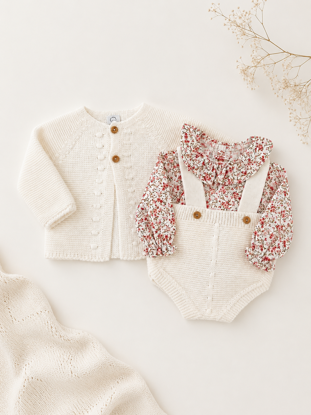 Conjunto Fofo com Blusa e Casaco de Malha Florinhas Pérola
