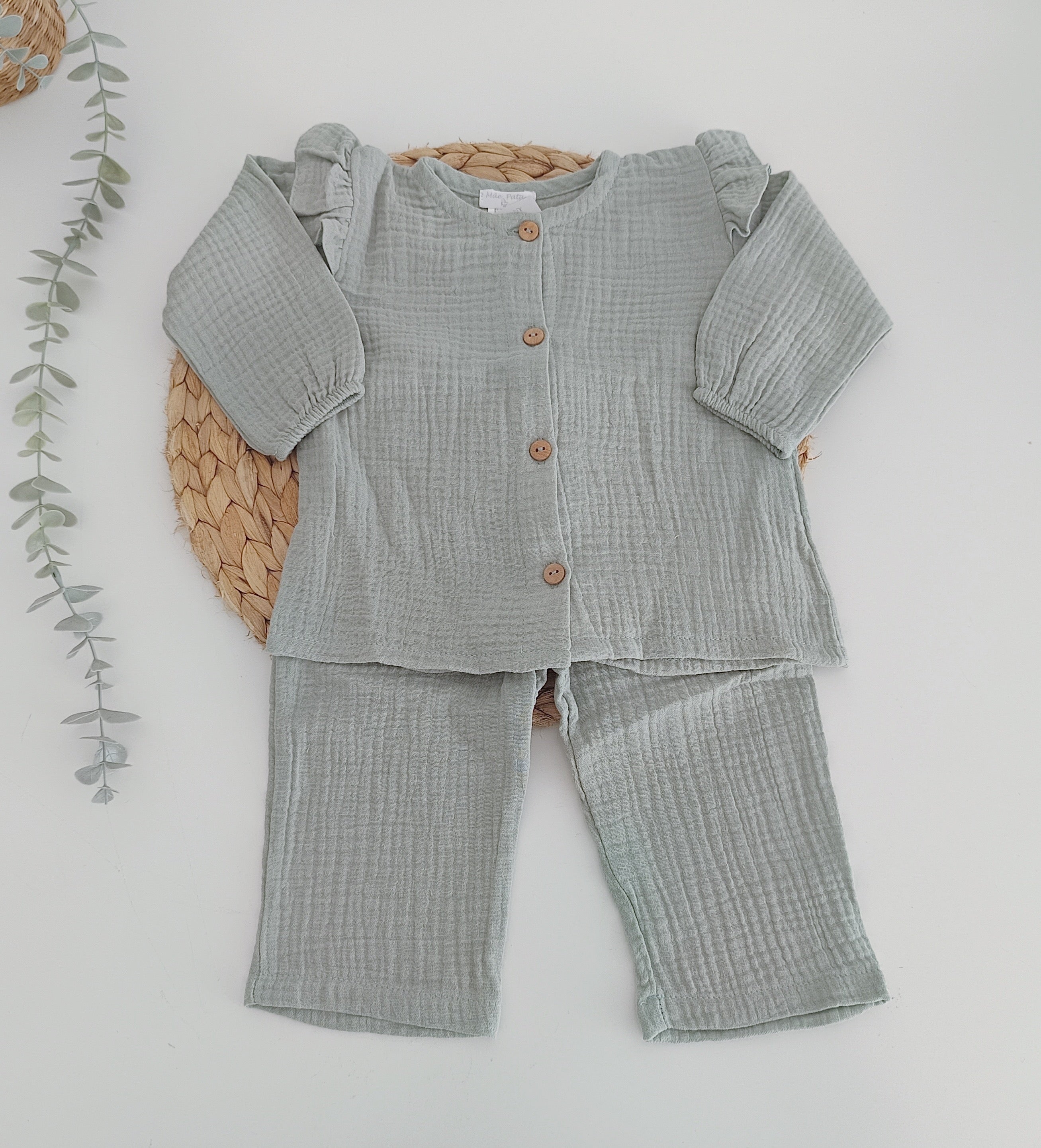 Conjunto de Musselina Básico com Botões Verde