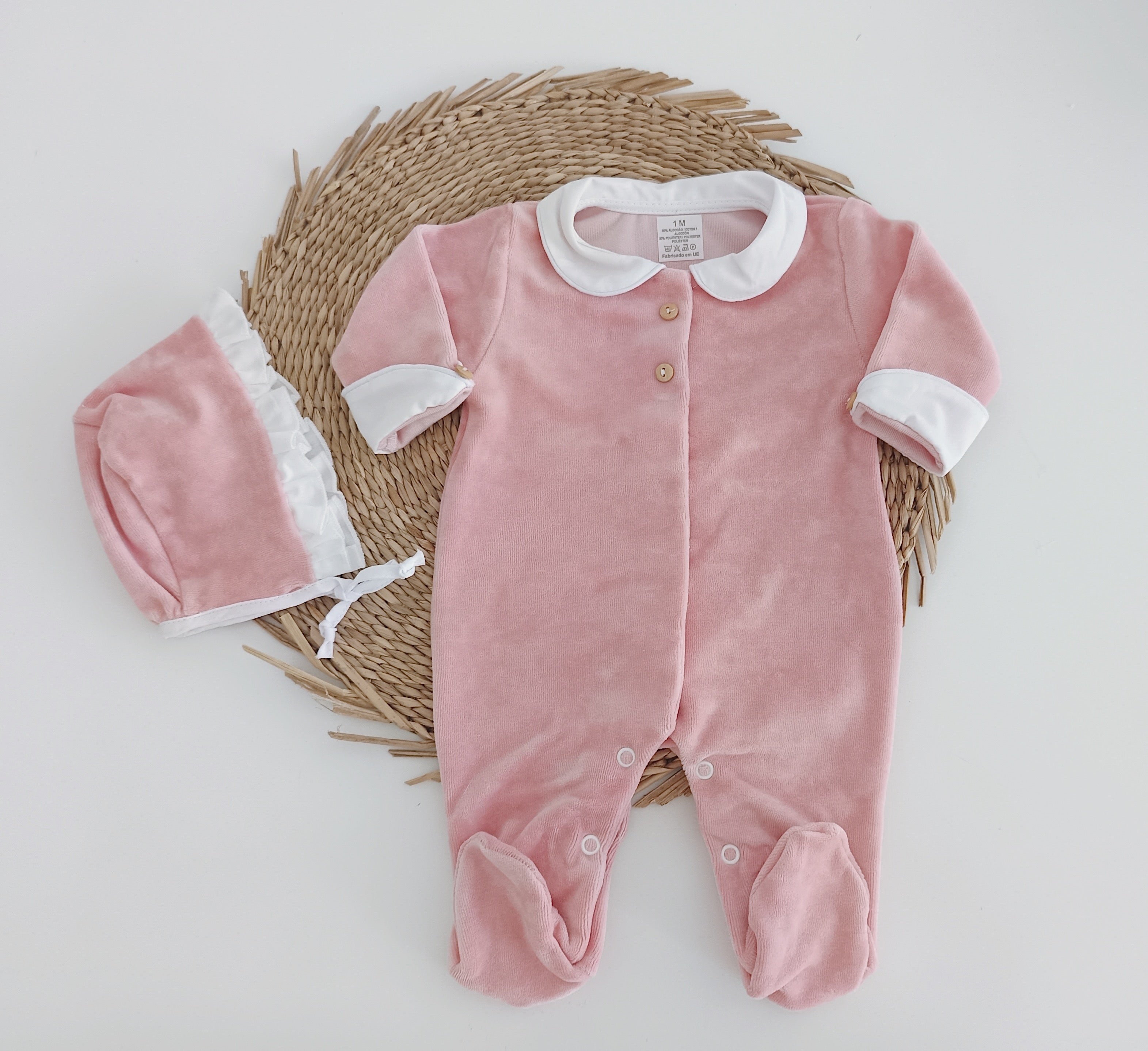 Babygrow Veludo com Touca Botões Rosa Velho