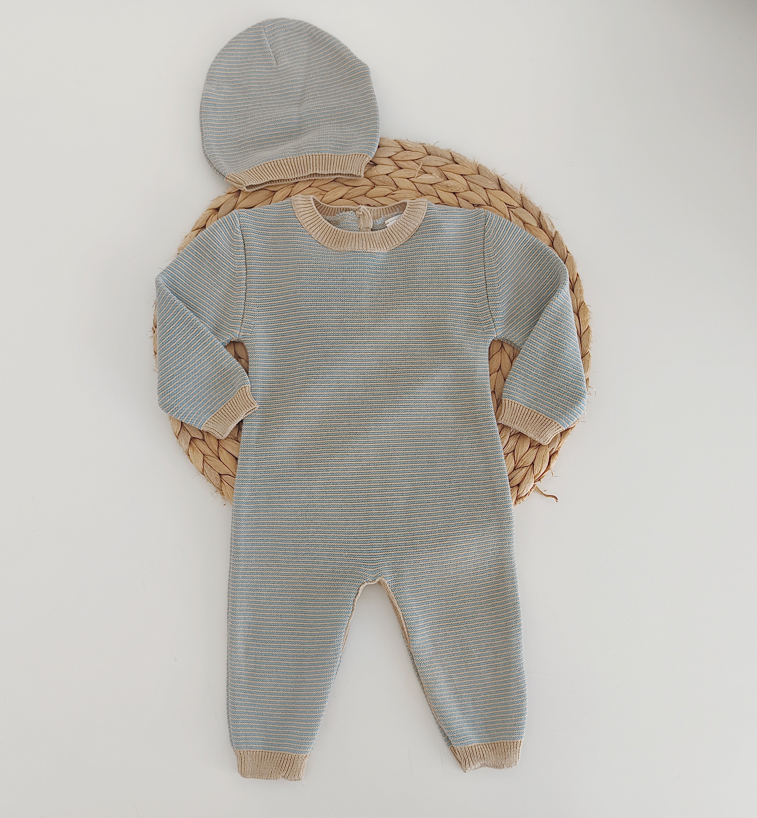 Babygrow de Malha Algodão com Gorro Riscas Verde e Areia