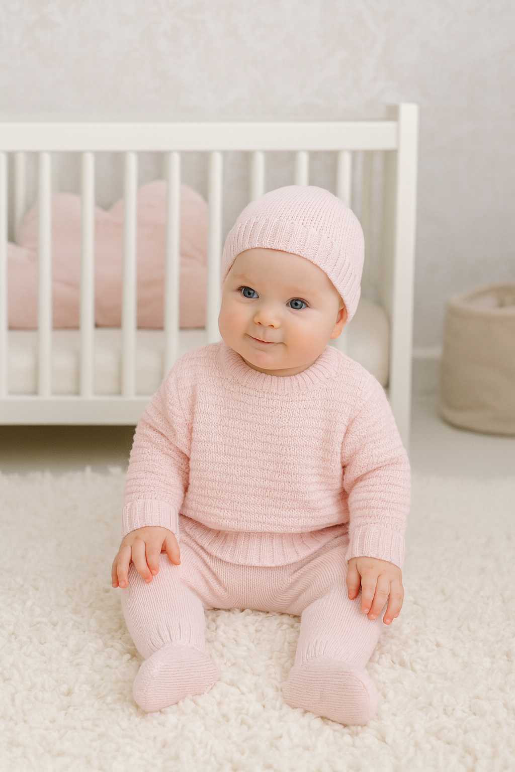 Conjunto de Malha Trabalhado com Gorro Rosa