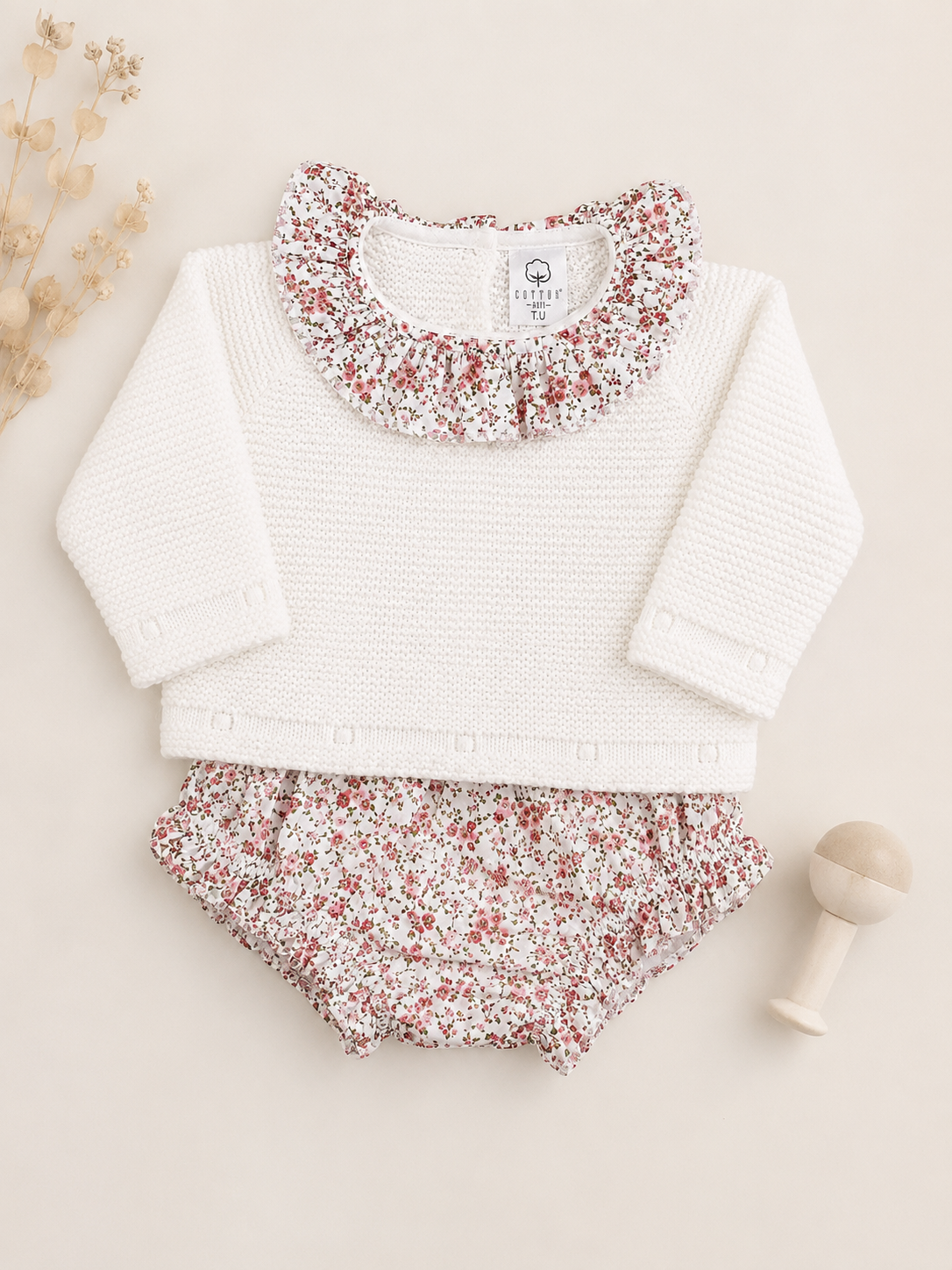 Tapa Fraldas com Camisola de Malha Flores Pérola