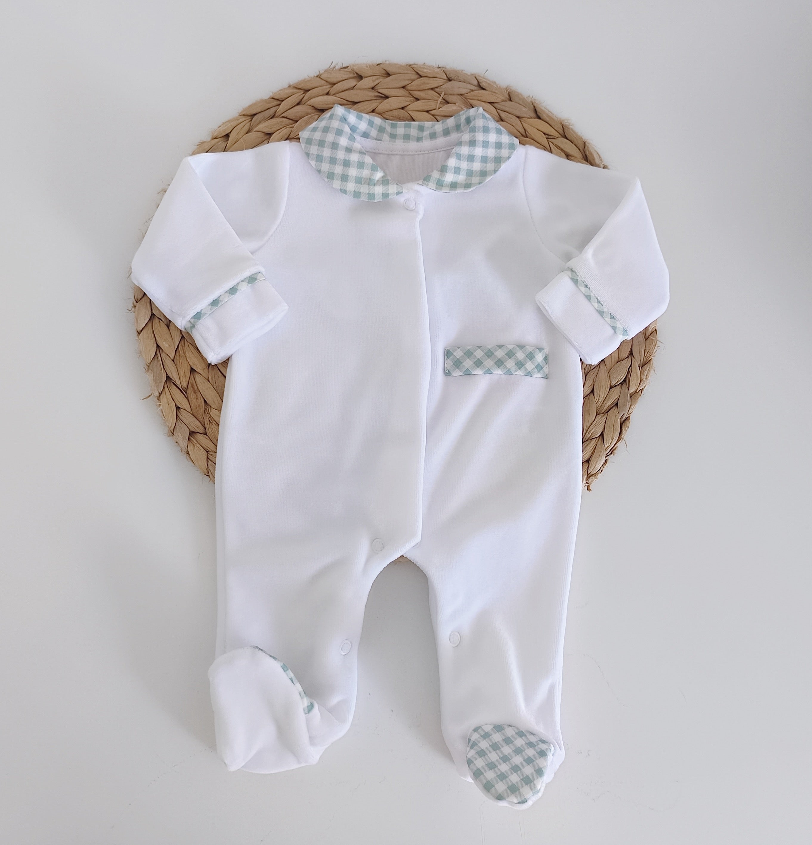 Babygrow Veludo com Bolso Xadrez Verde