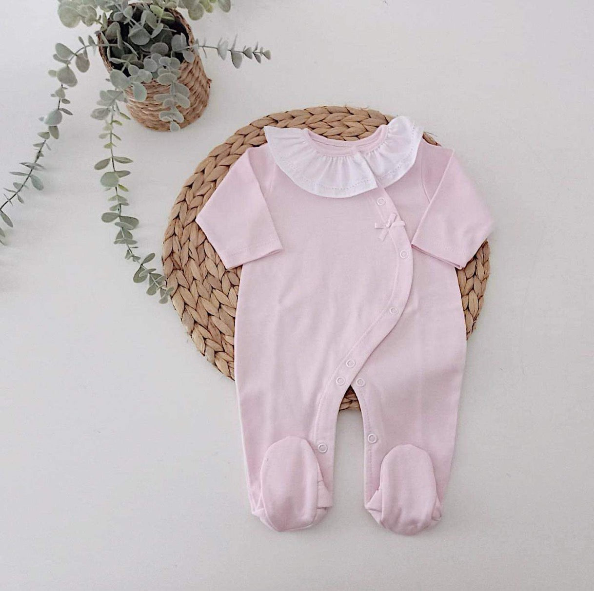 Babygrow Algodão Basic Lacinho gola de Folho Rosa