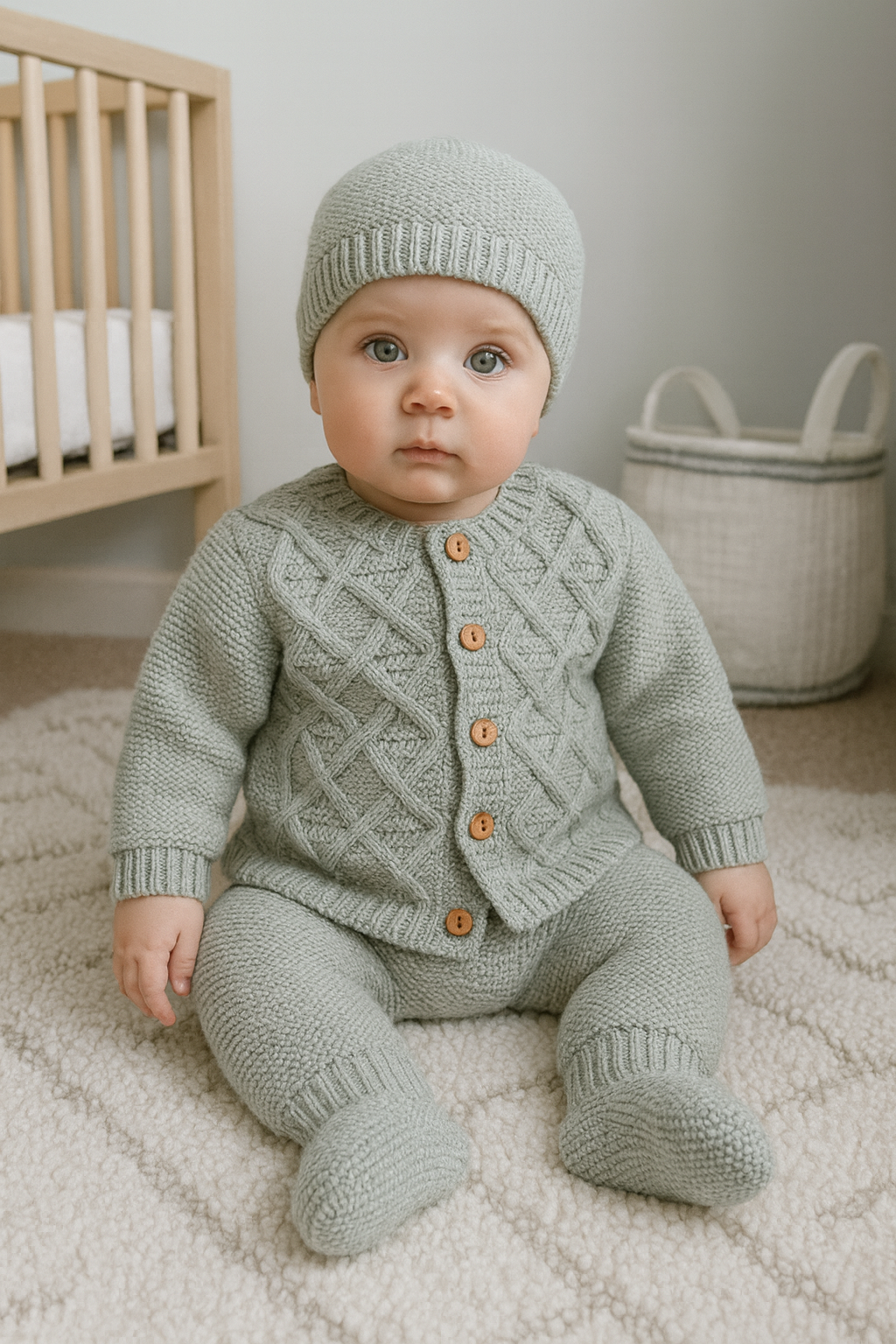 Conjunto de Malha Casaco Losangos com Gorro Verde