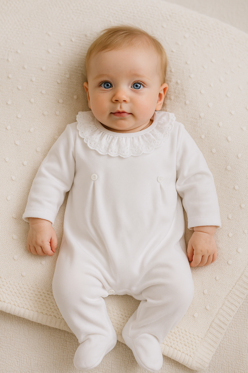 Babygrow Veludo Com Botões e Gola De Folho Branco