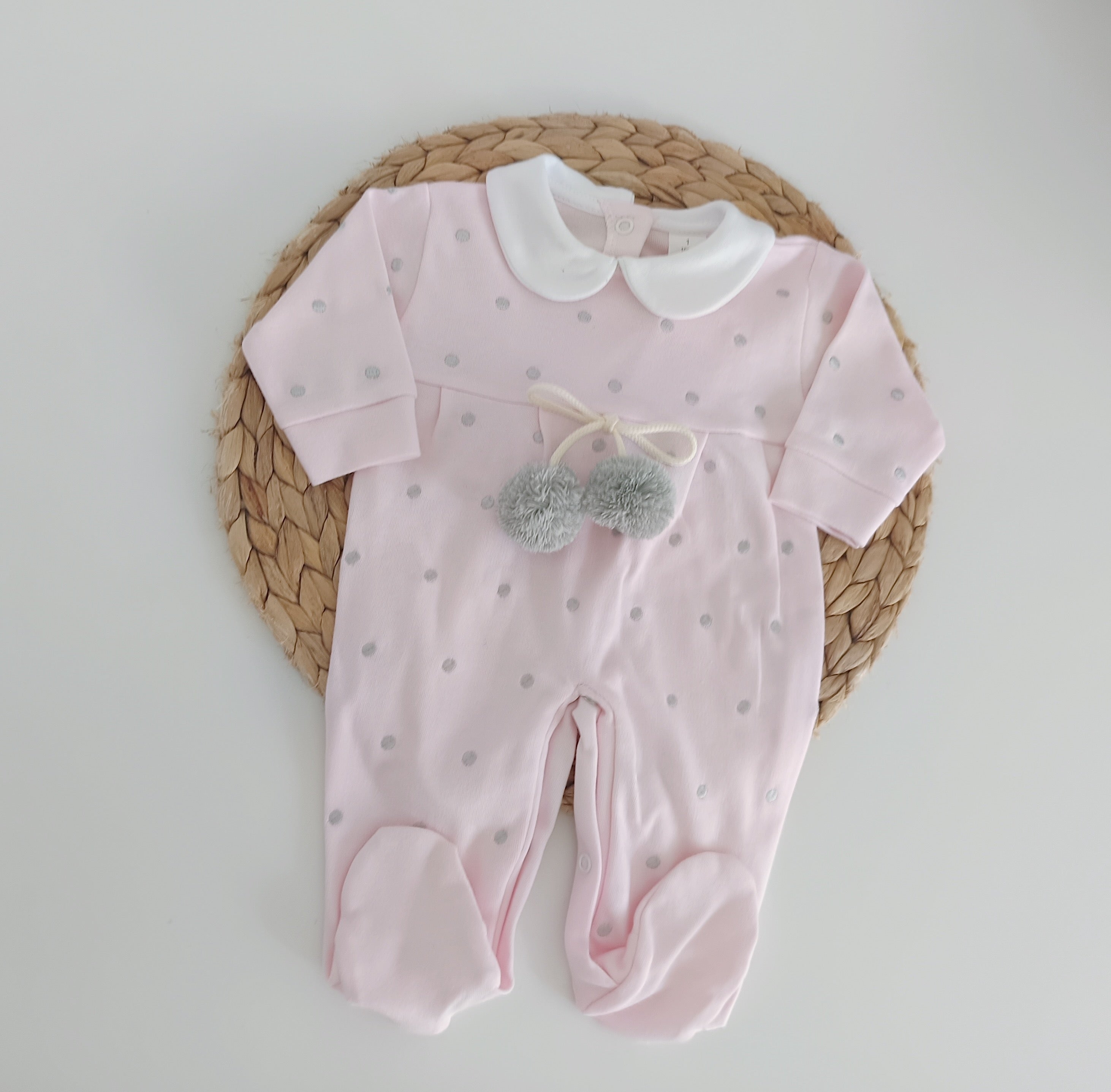 Babygrow Algodão Bolinhas com Pompons Rosa
