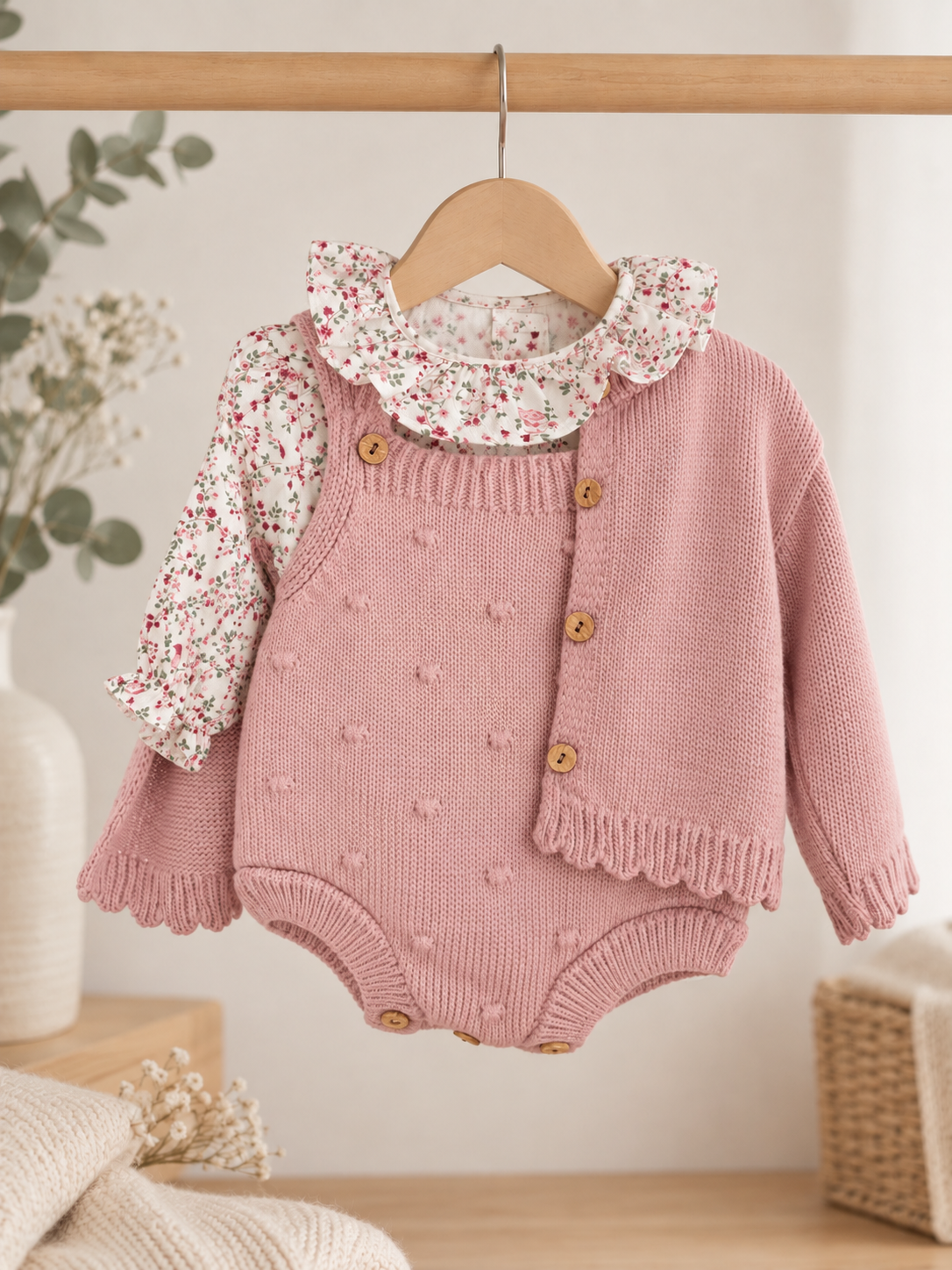 Conjunto Fofo com Blusa e Casaco de Malha Flores Rosa Velho