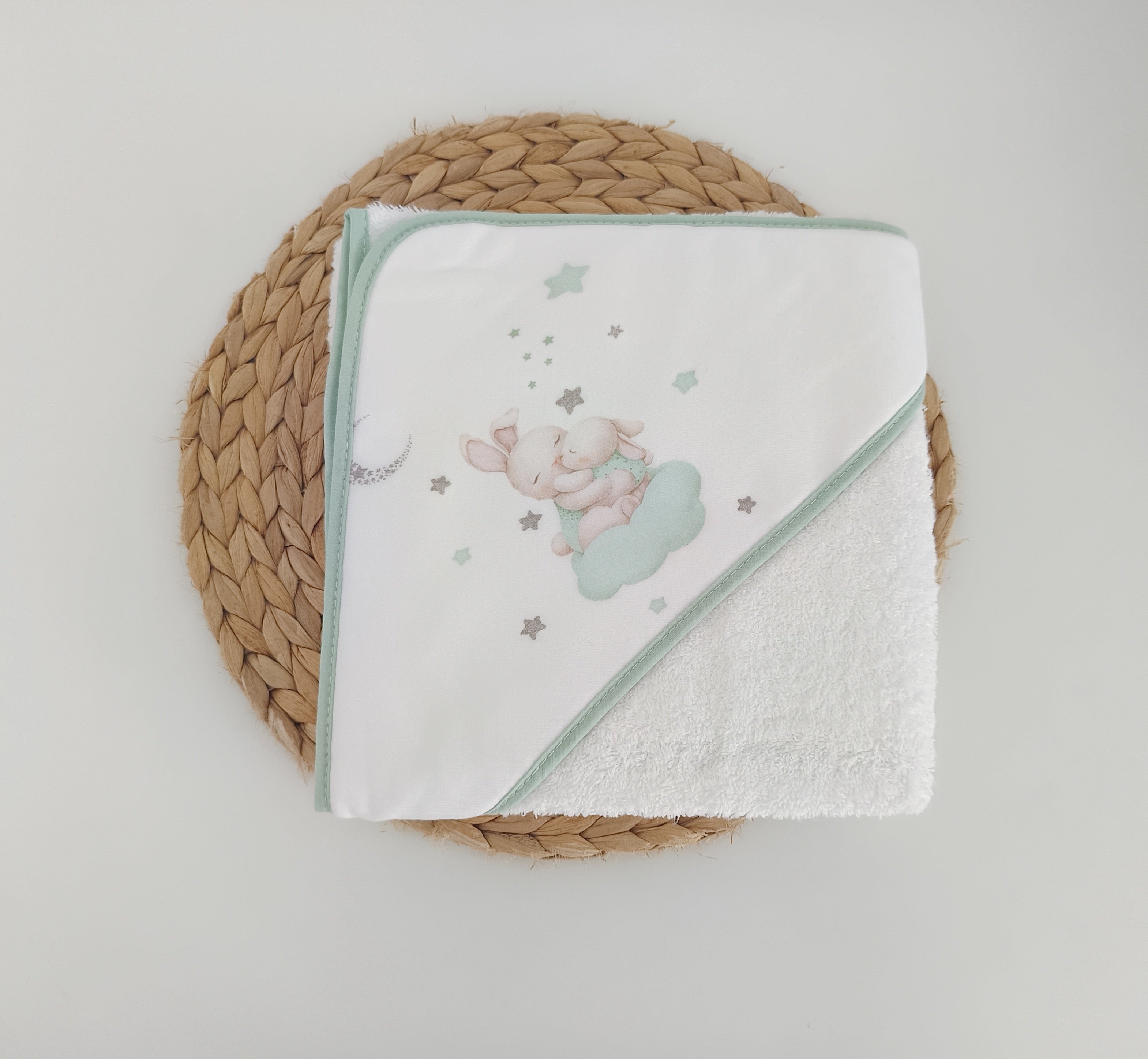 Toalha de banho para Bebé Coelhos Nuvem Verde
