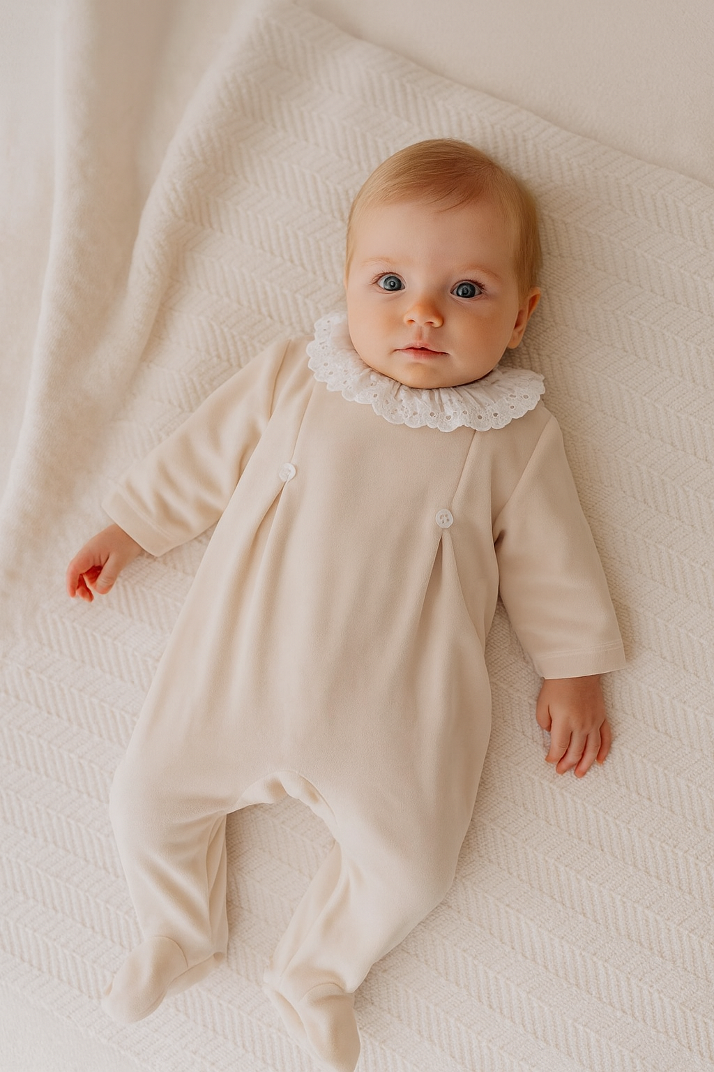 Babygrow Veludo Com Botões Flor e Gola De Folho Areia