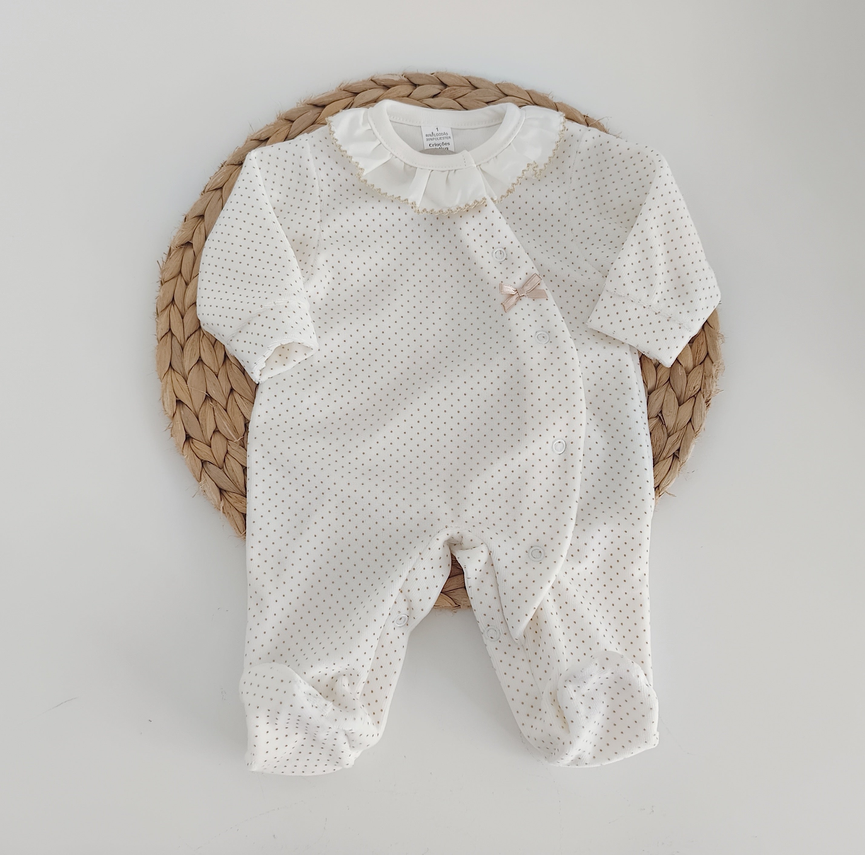 Conjunto de Primeira Roupinha Veludo Laço Pintas Pérola