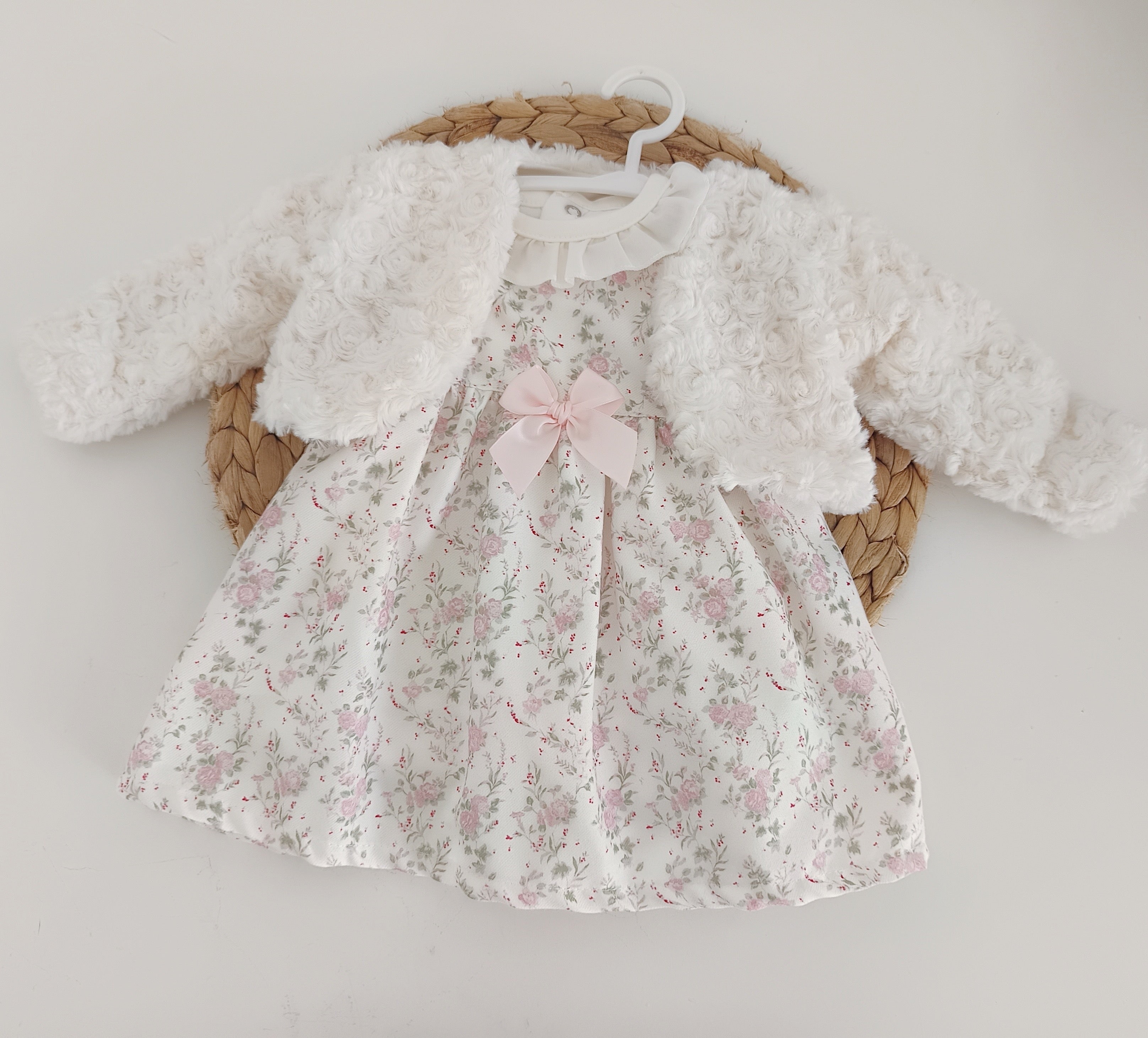 Vestido com Blusa e Bolero Flores com laço Rosa