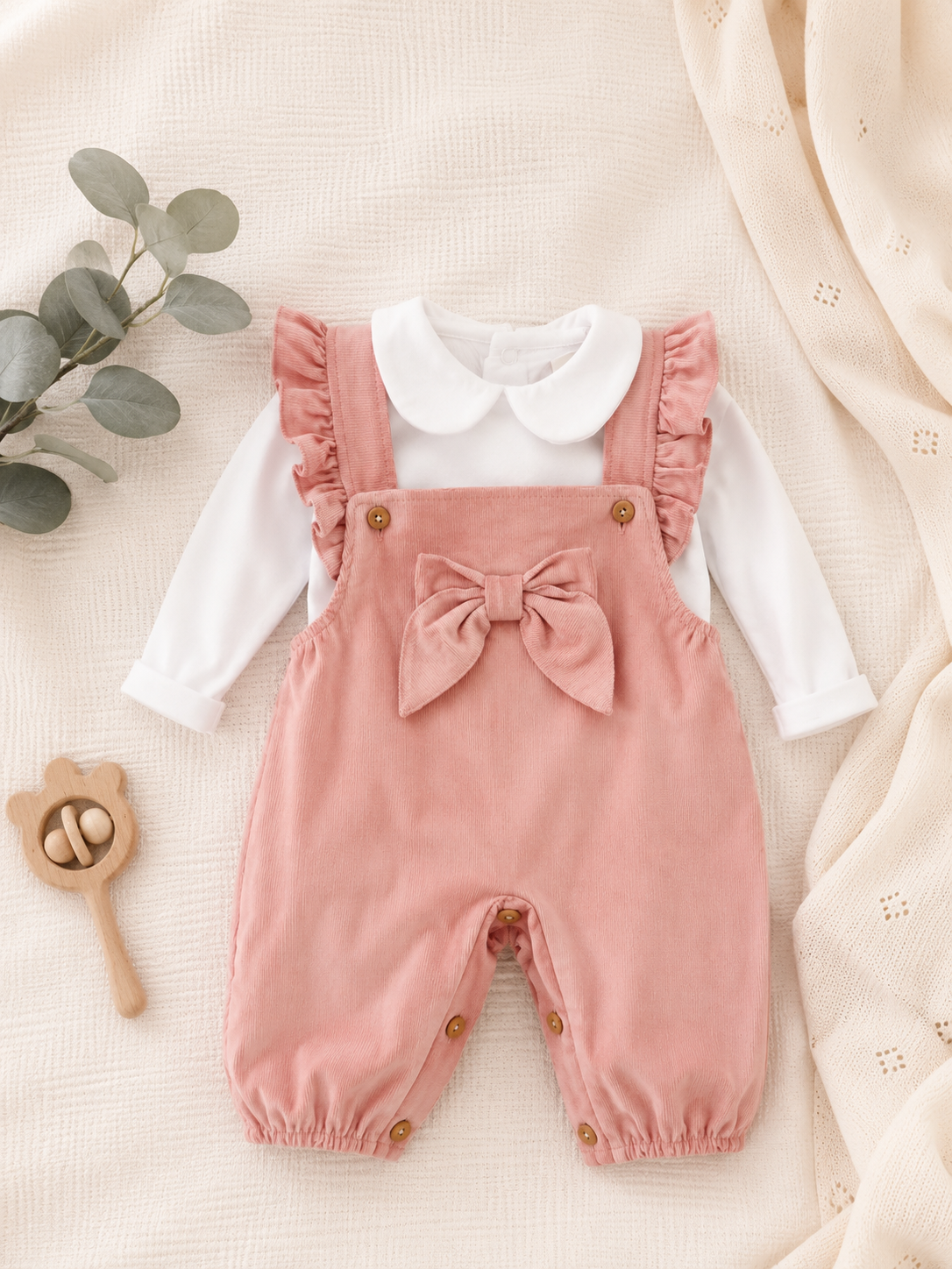 Jardineiras Bombazine com blusa de gola folho Laço Rosa Velho
