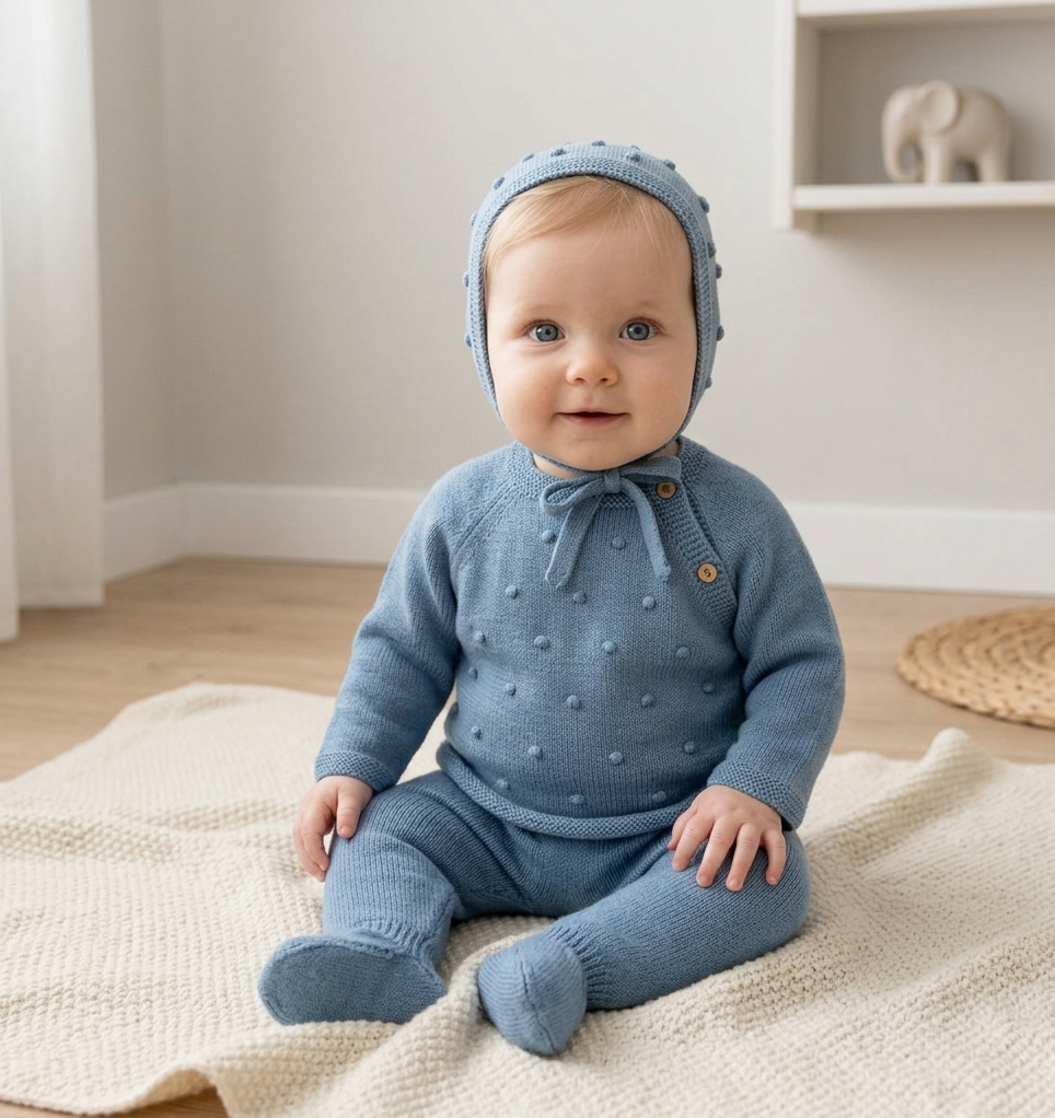 Conjunto de Malha Algodão Pompons  em Relevo com Touca Jeans