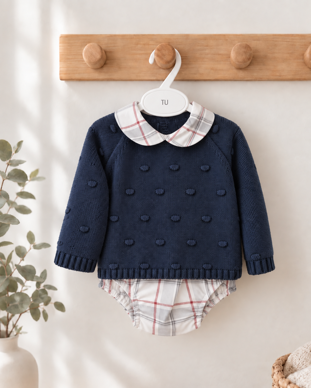 Calções Xadrez com camisola relevos de Malha Marinho