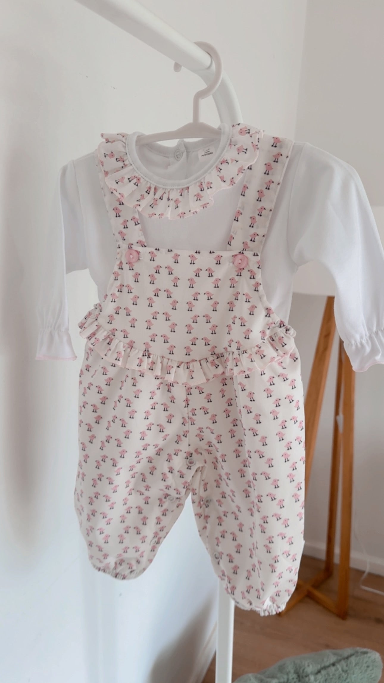 Jardineiras com blusa de gola Passarinhos Rosa